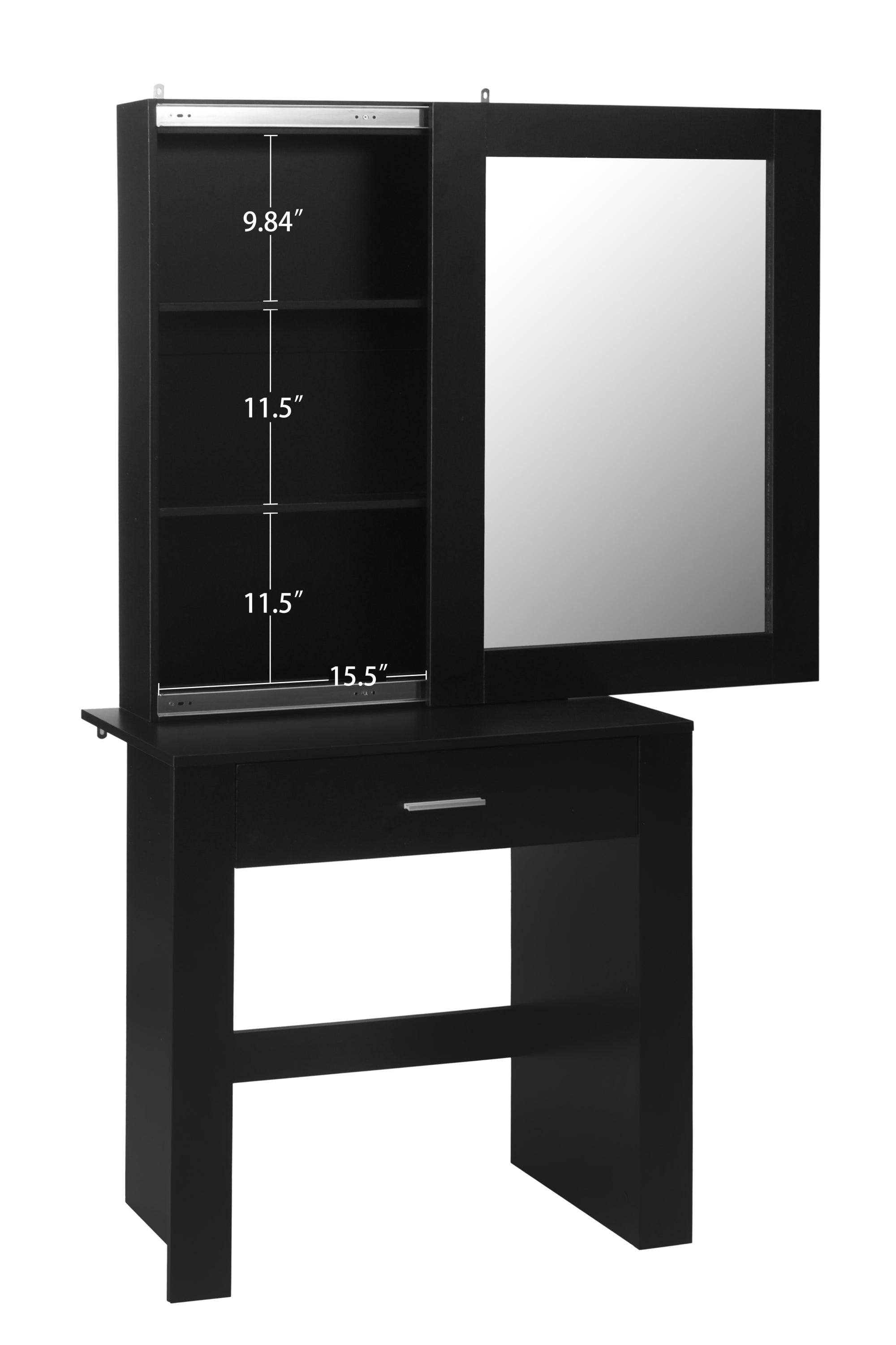 Vanity Desk with Mirror & Stool, Black Makeup Table withStorage Shelves & Drawer, Vanity Set for Girls Women