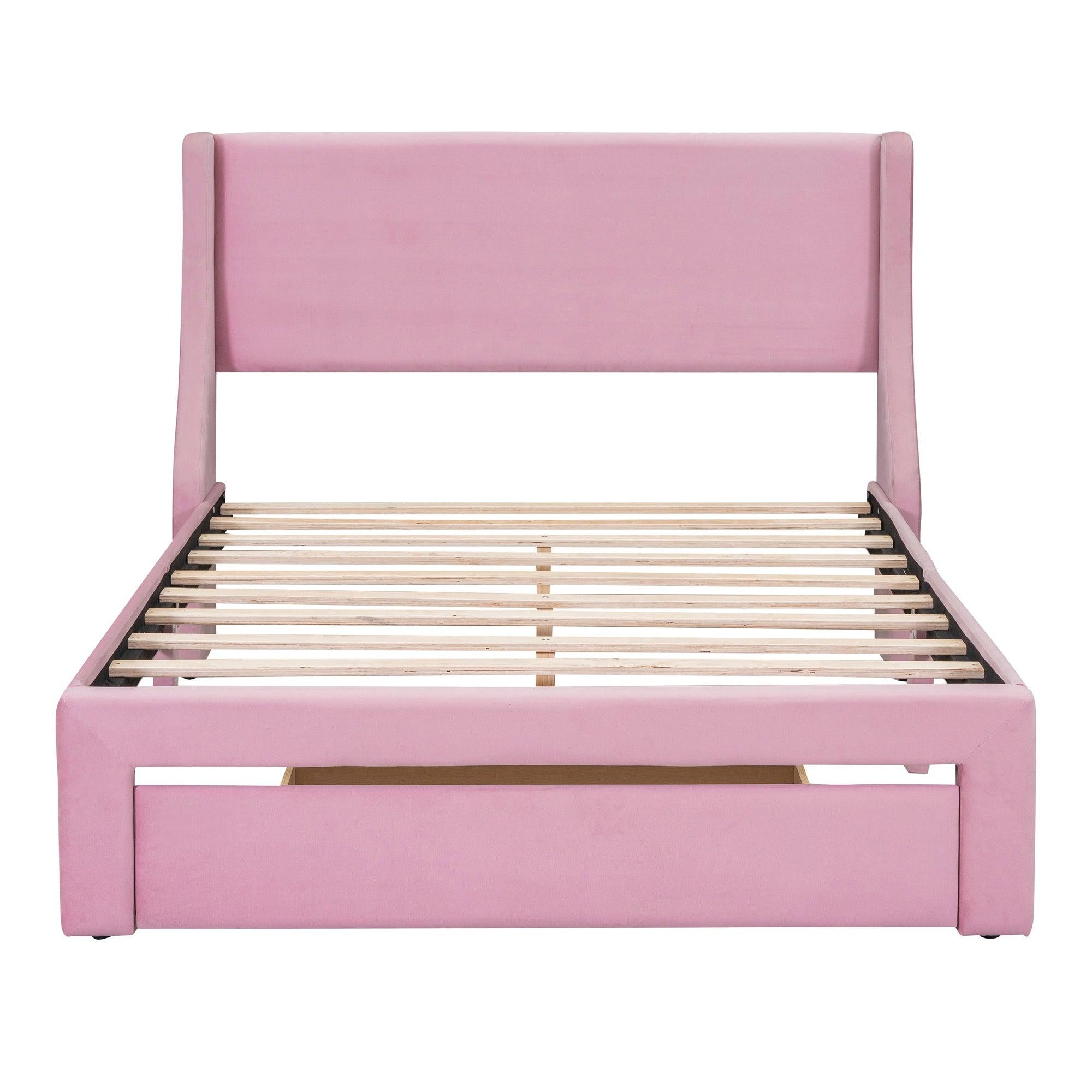 Full SizeStorage Bed Velvet Upholstered Platform Bed with a Big Drawer - Pink