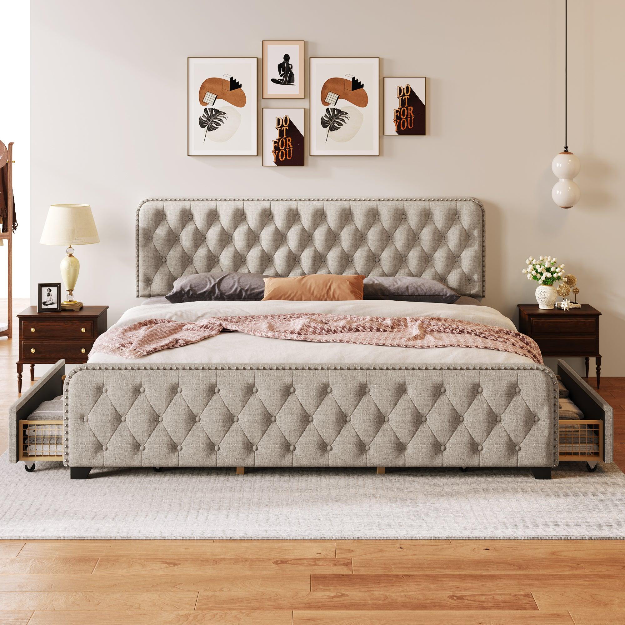 Upholstered Platform Bed Frame with Four Drawers, Button Tufted Headboard and Footboard Sturdy Metal Support, No Box Spring Required, Beige, King