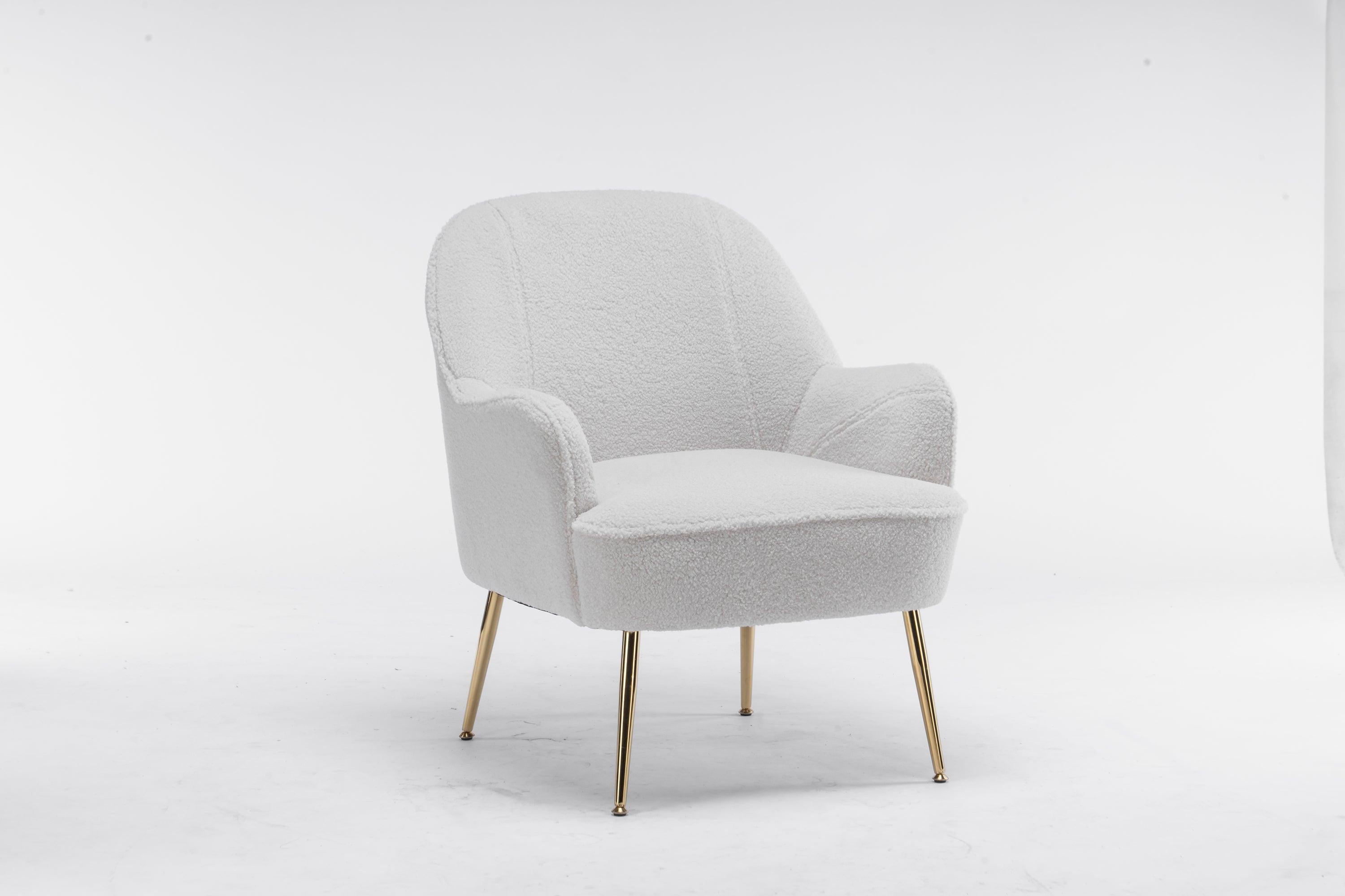 Modern Soft White Teddy fabric Ivory Ergonomics Accent Chair Living Room Chair Bedroom Chair Home Chair With Gold Legs And Adjustable Legs For Indoor Home