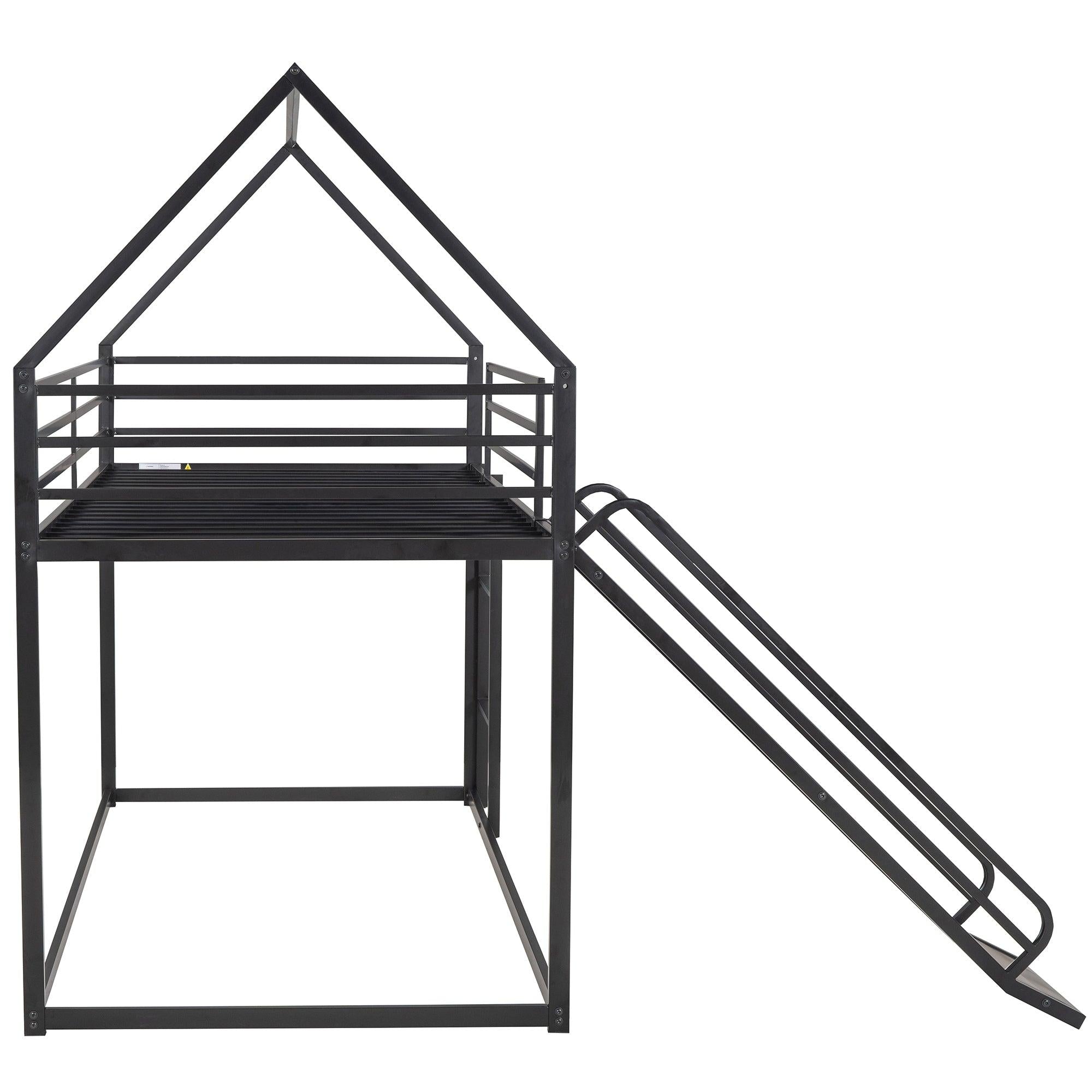 Twin over Twin House Bunk Bed with Ladder and Slide,Black