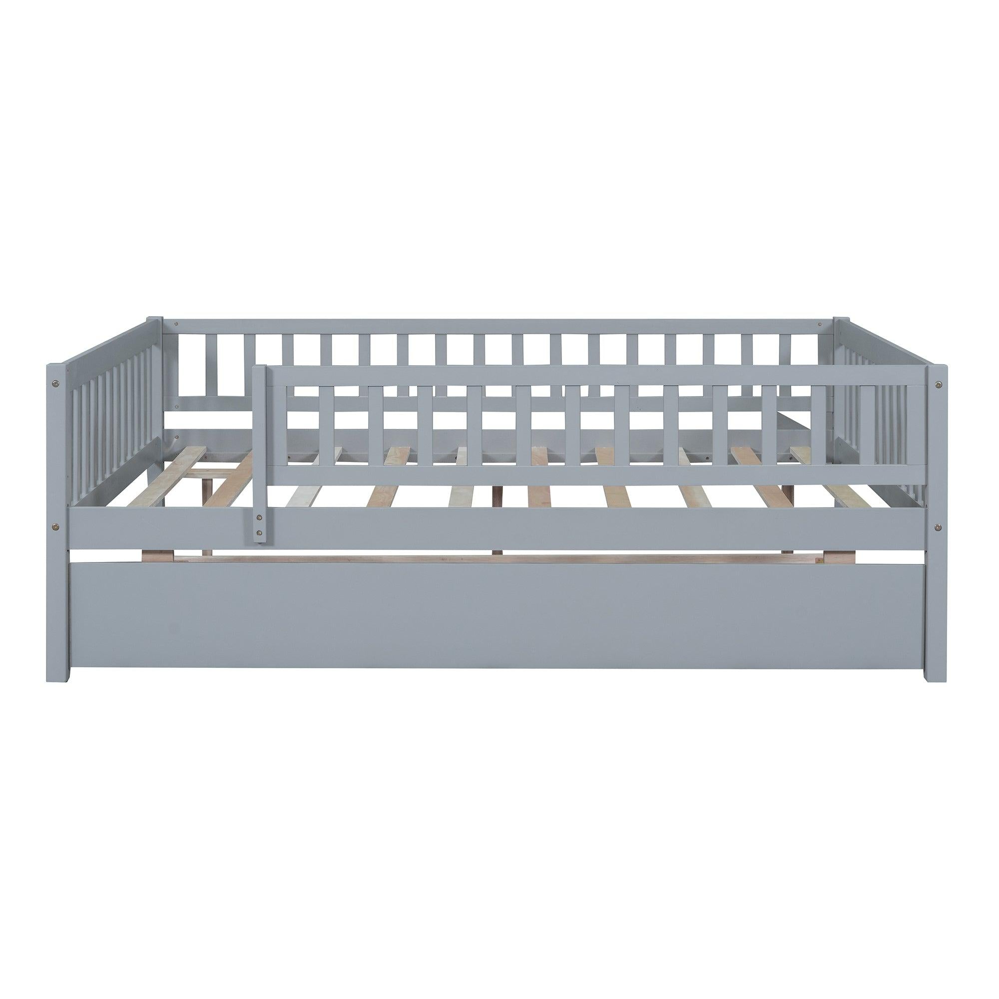 Full Size Wood Daybed with Trundle and Fence Guardrails, Gray