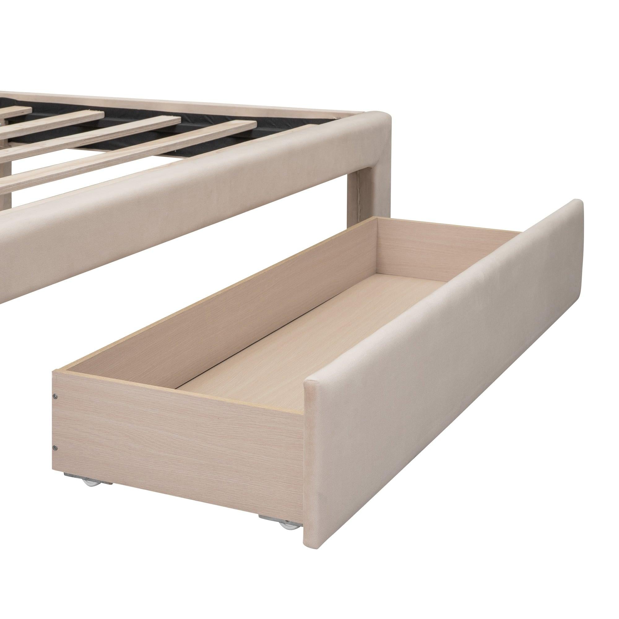 Queen SizeStorage Bed Velvet Upholstered Platform Bed with a Big Drawer - Beige