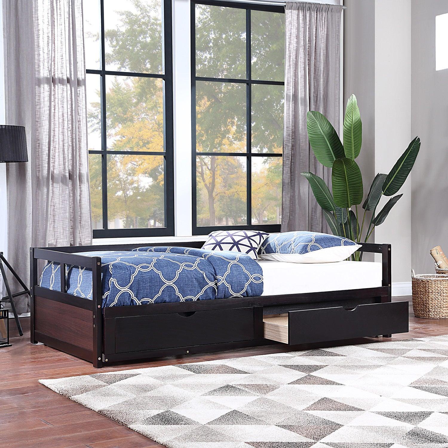 Wooden Daybed with Trundle Bed and TwoStorage Drawers , Extendable Bed Daybed,Sofa Bed for Bedroom Living Room,Espresso