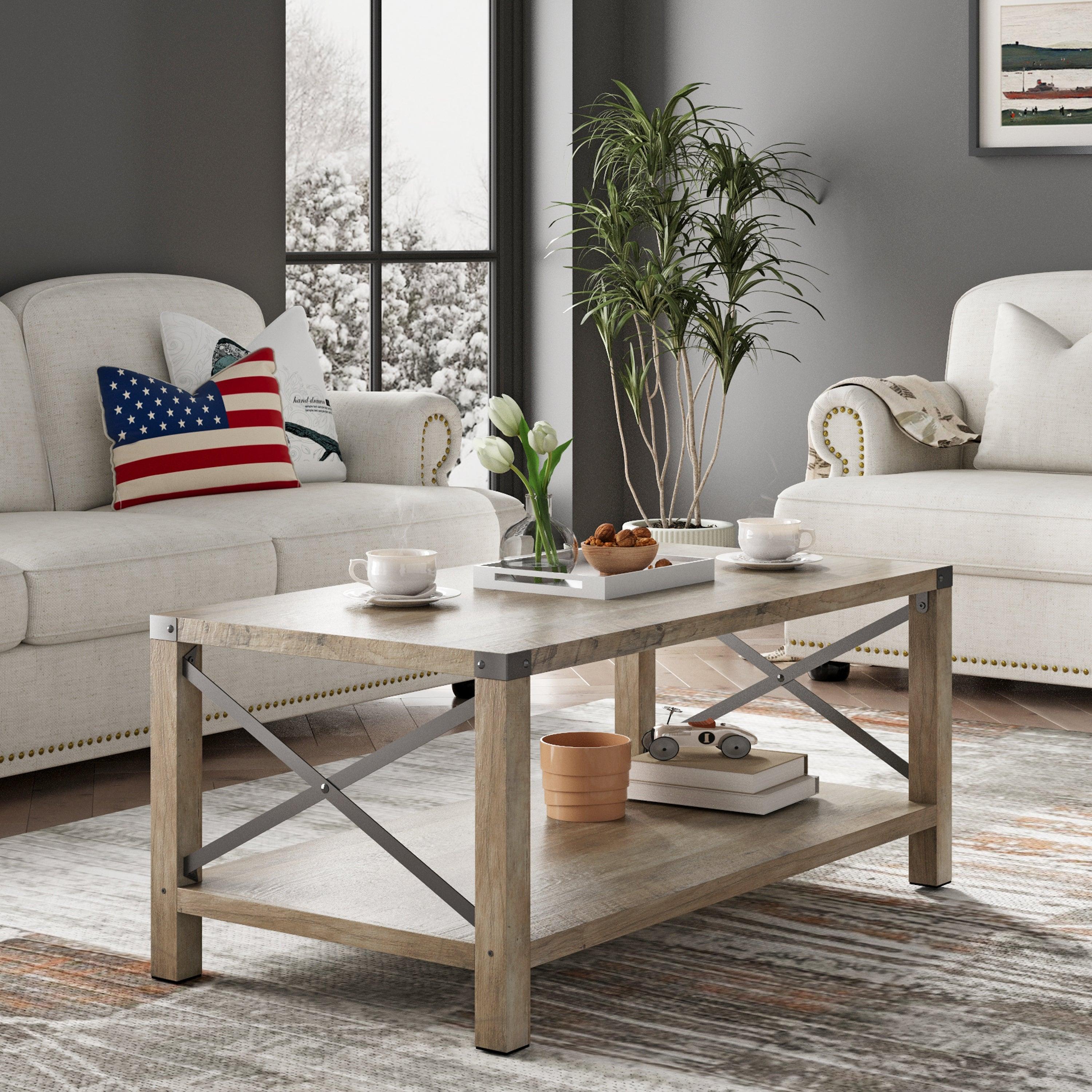 2-TierModern Farmhouse Coffee Table, Wood Rectangle Cocktail Table with Metal X- Frame (Gray, 40.94" w x 21.65" d x 17.91" h)