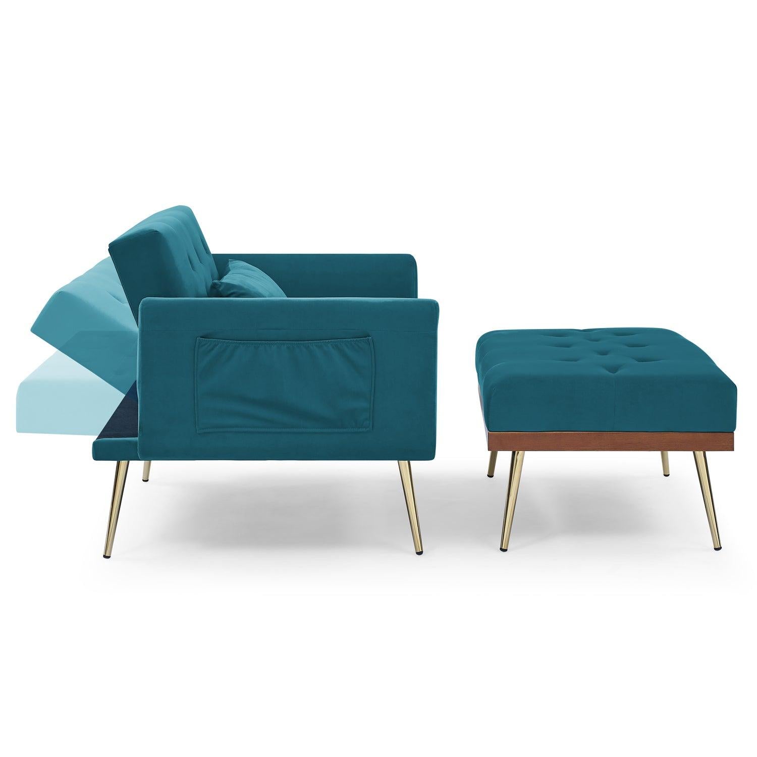 Recline Sofa Chair with Ottoman, Two Arm Pocket and Wood Frame include 1 Pillow, Teal (40.5”x33”x32”)