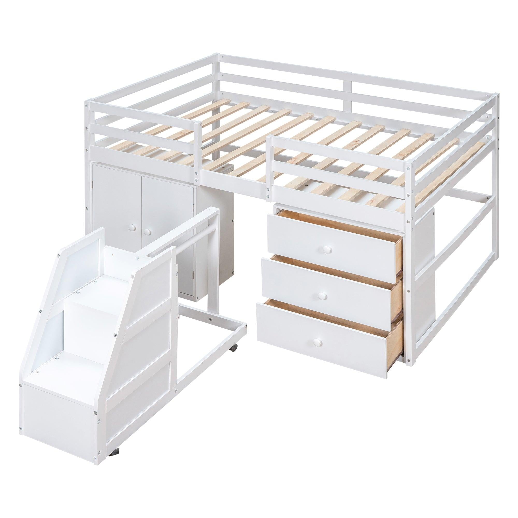 Full Size Functional Loft Bed with Cabinets and Drawers, Hanging Clothes at the back of the Staircase, White