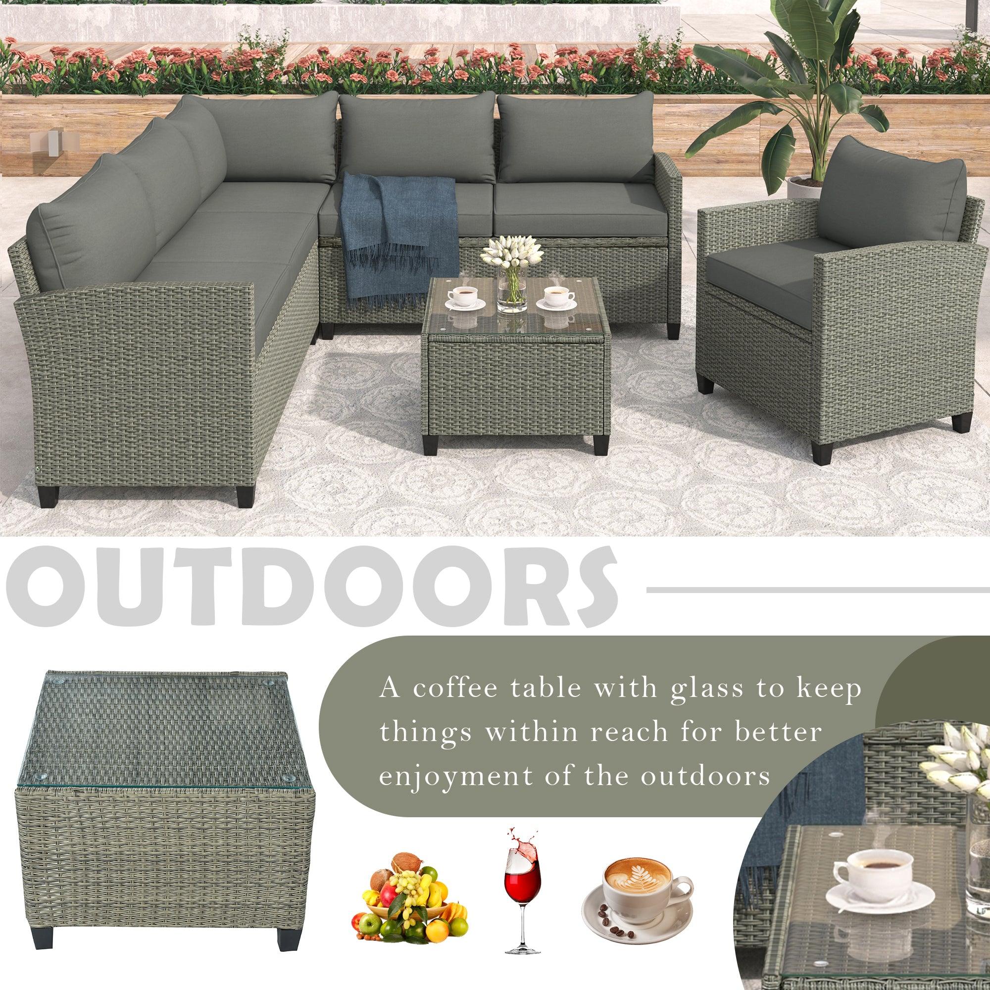 Patio Furniture Set, 5 Piece Outdoor Conversation Set，with Coffee Table, Cushions and Single Chair