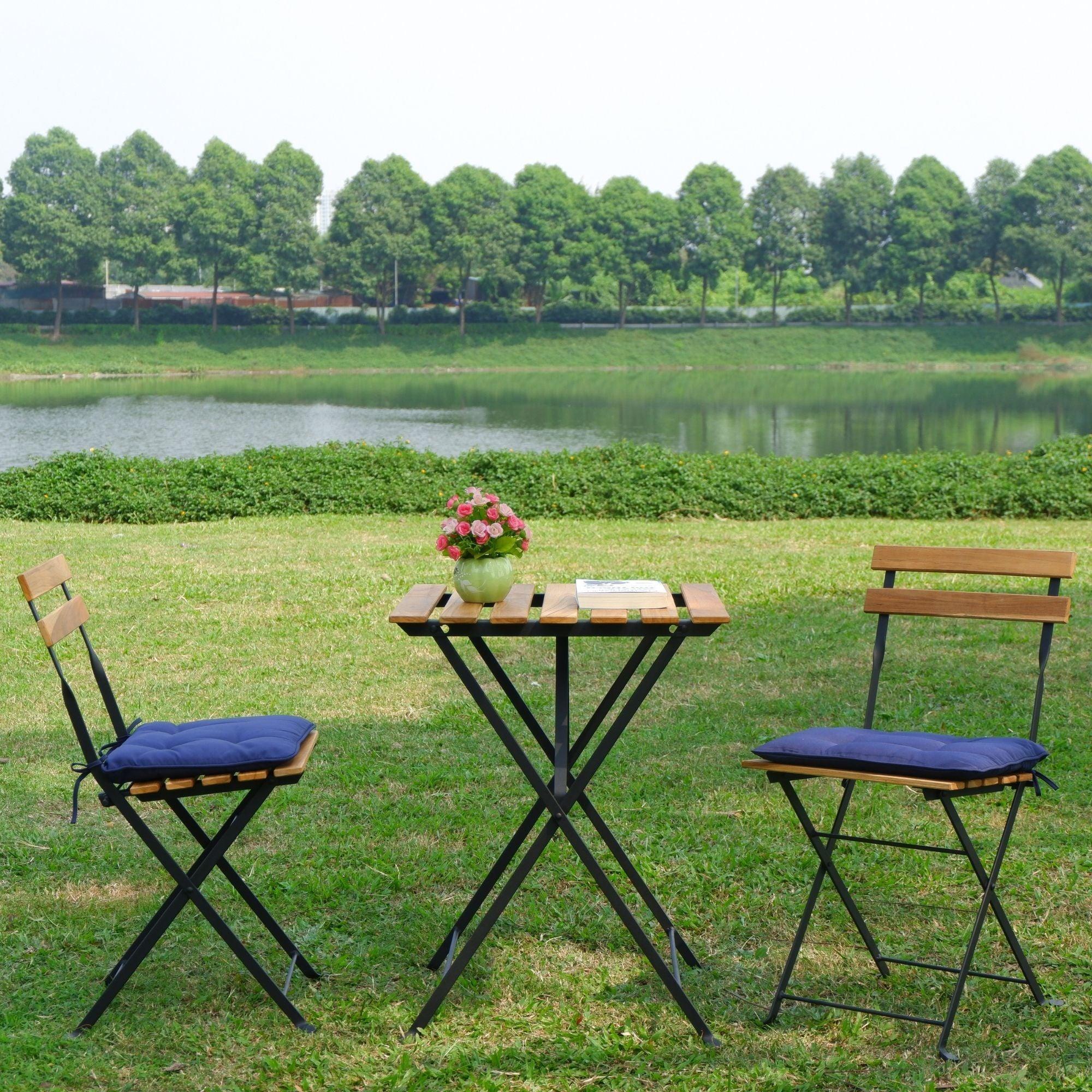 Solid Teak Wood Bistro Set Folding Table And Chair Set Power Coating Frame Patio Set With Waterproof Navy Cushion