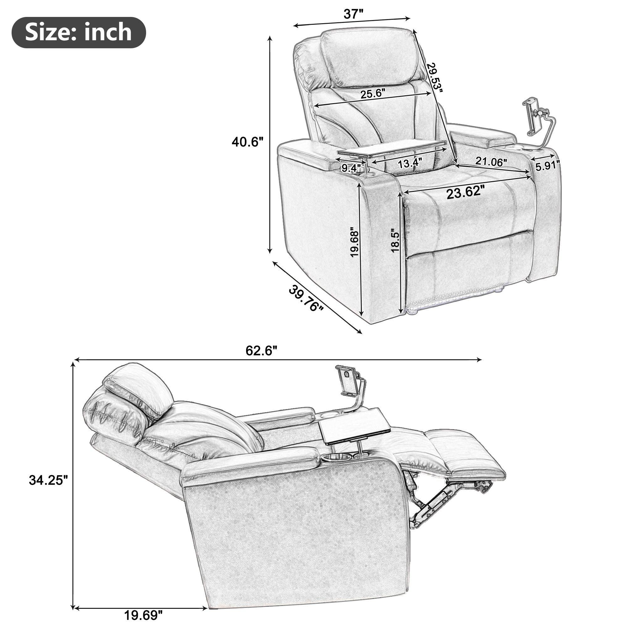 Power Motion Recliner with USB Charging Port and Hidden ArmStorage, Home Theater Seating with 2 Convenient Cup Holders Design and 360° Swivel Tray Table