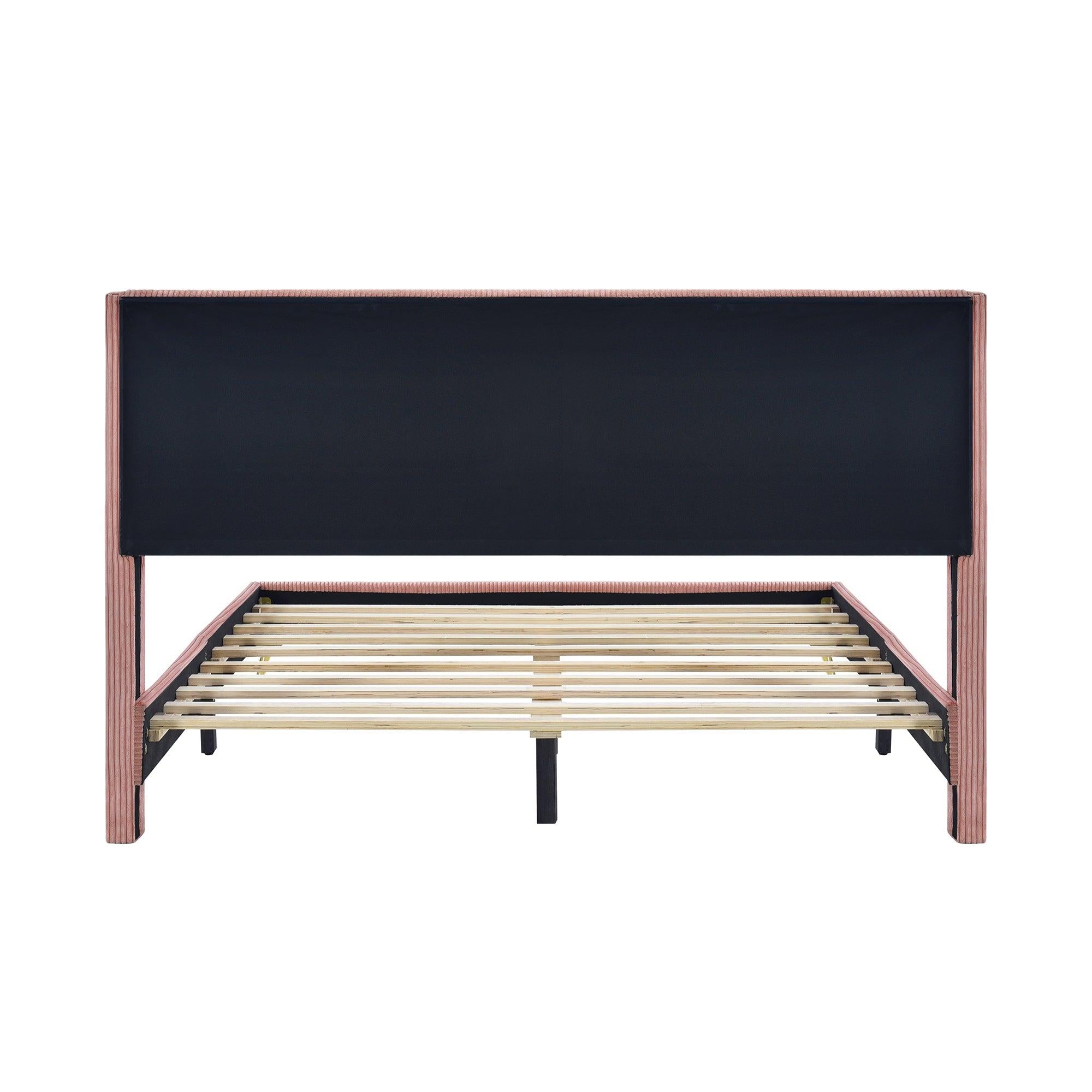 Queen Size Corduroy Platform Bed with Metal Legs, Pink