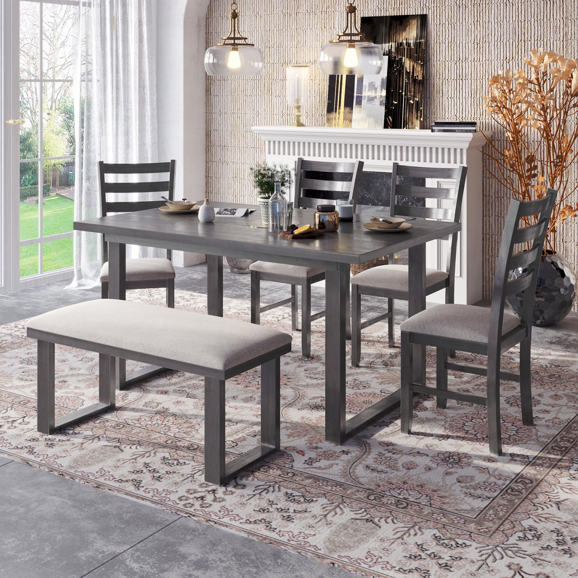 6-Pieces Family Furniture, Solid Wood Dining Room Set with Rectangular Table & 4 Chairs with Bench(Gray) image