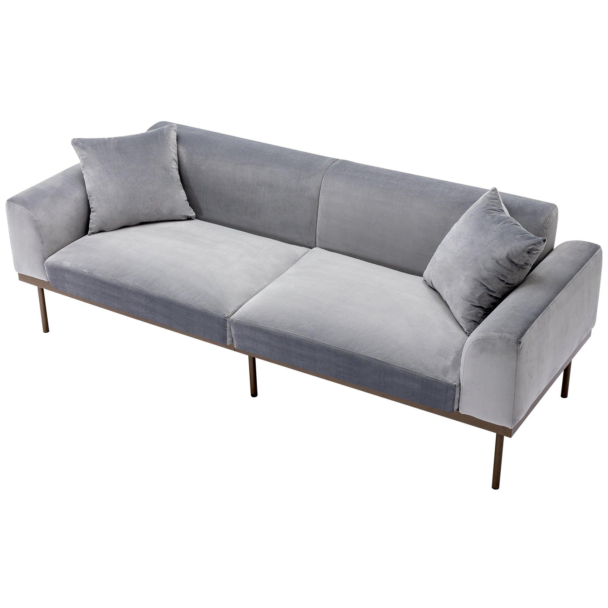 Modern Velvet Sofa with Metal Legs,Loveseat Sofa Couch with Two Pillows for Living Room and Bedroom,Grey