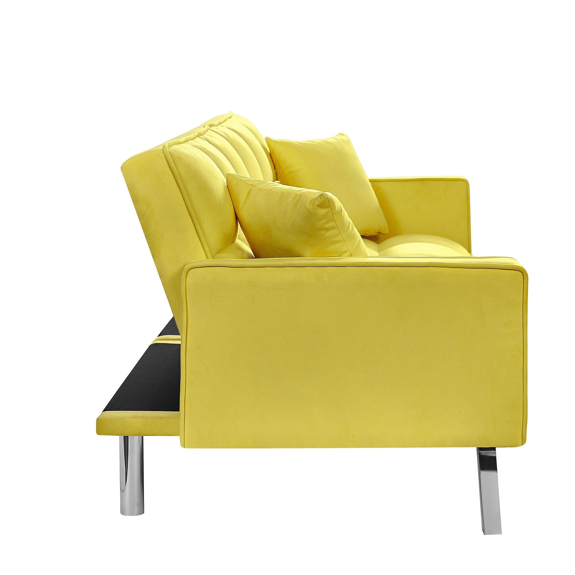 Modern Velvet Sofa Couch Bed with Armrests and 2 Pillows for Living Room and Bedroom .(YELLOW)