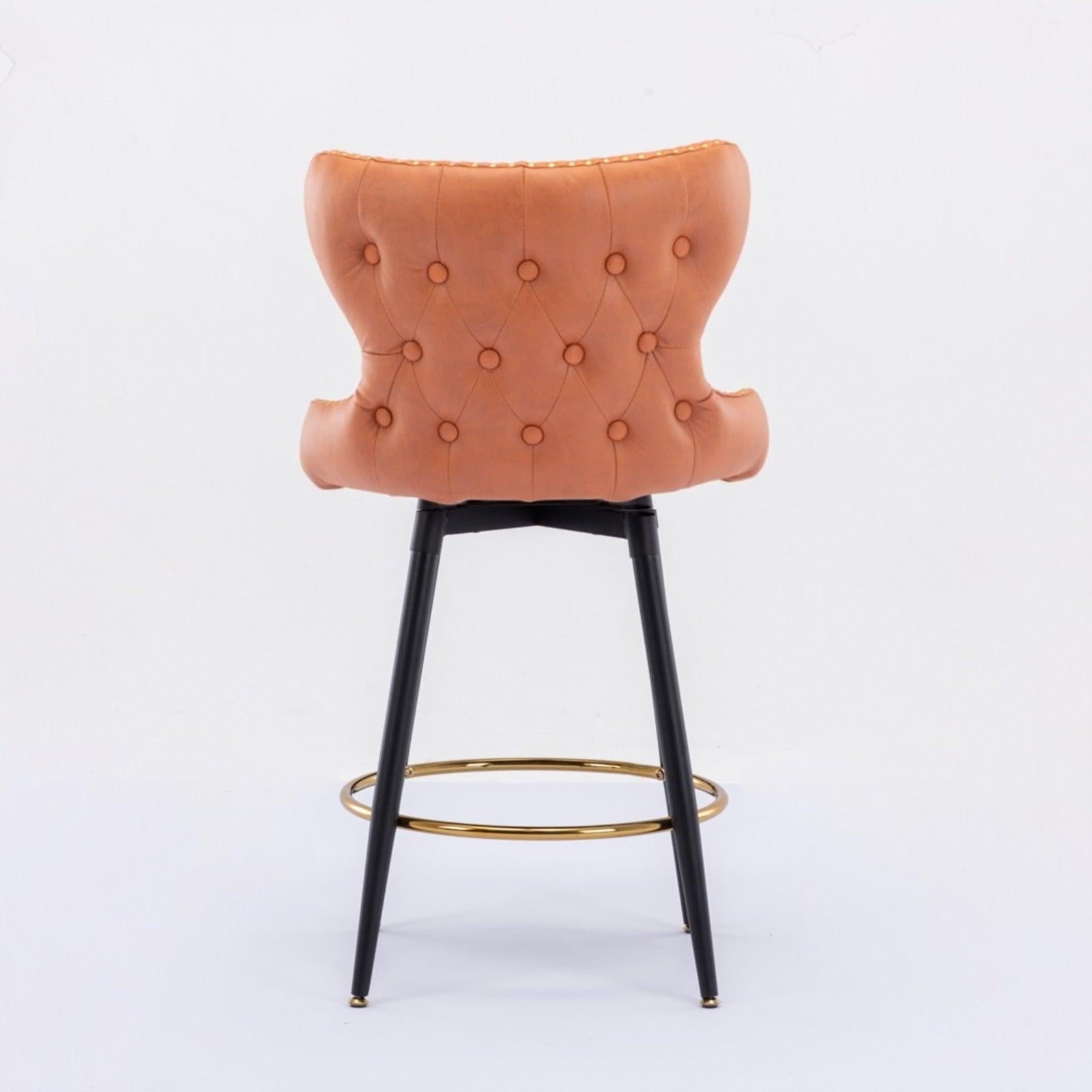 Counter Height 25"Modern Leathaire Fabric bar chairs,180° Swivel Bar Stool Chair for Kitchen,Tufted Gold Nailhead Trim Bar Stools with Metal Legs,Set of 2 (Orange)