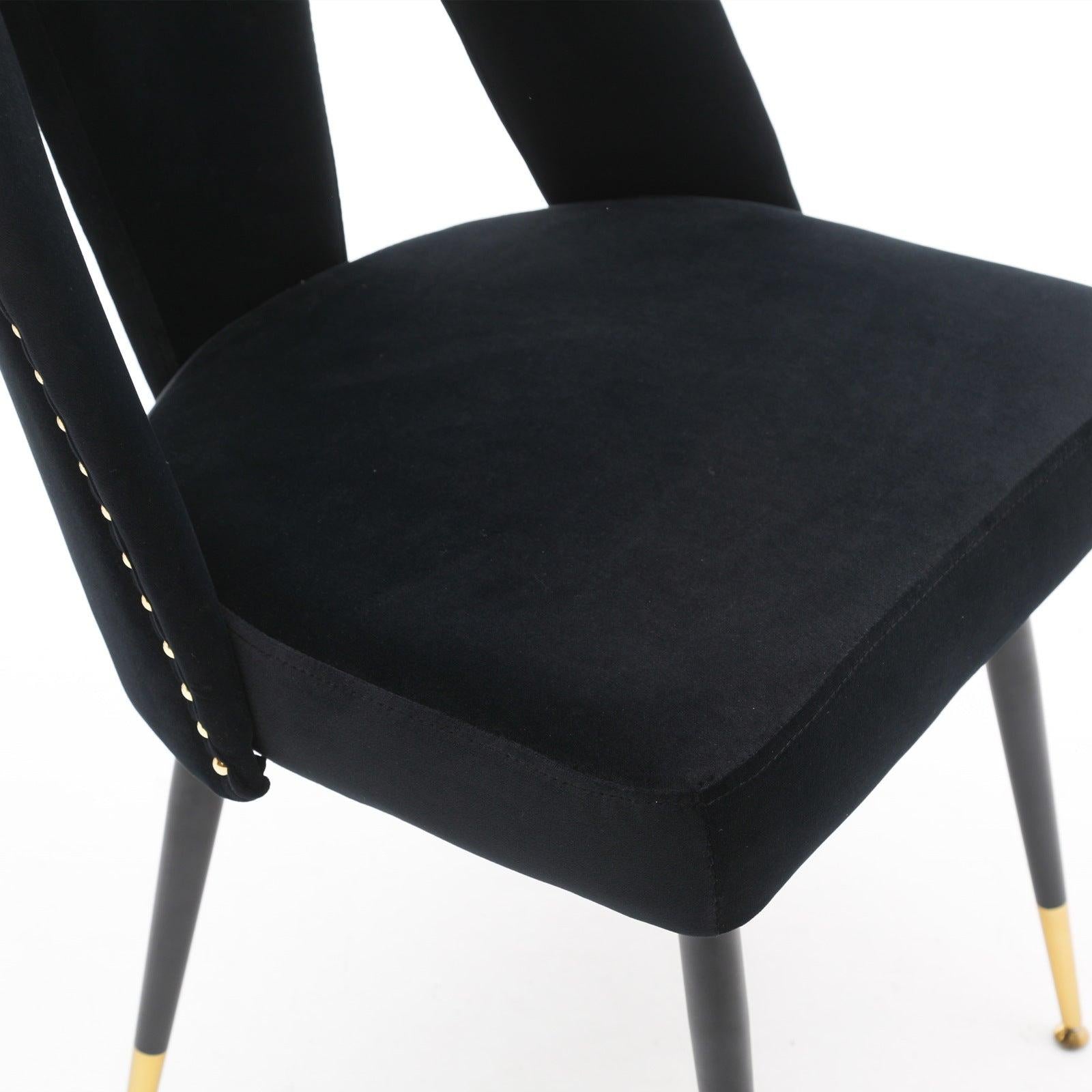 Akoya CollectionModern | Contemporary Velvet Upholstered Dining Chair with Nailheads and Gold Tipped Black Metal Legs,Black，Set of 2