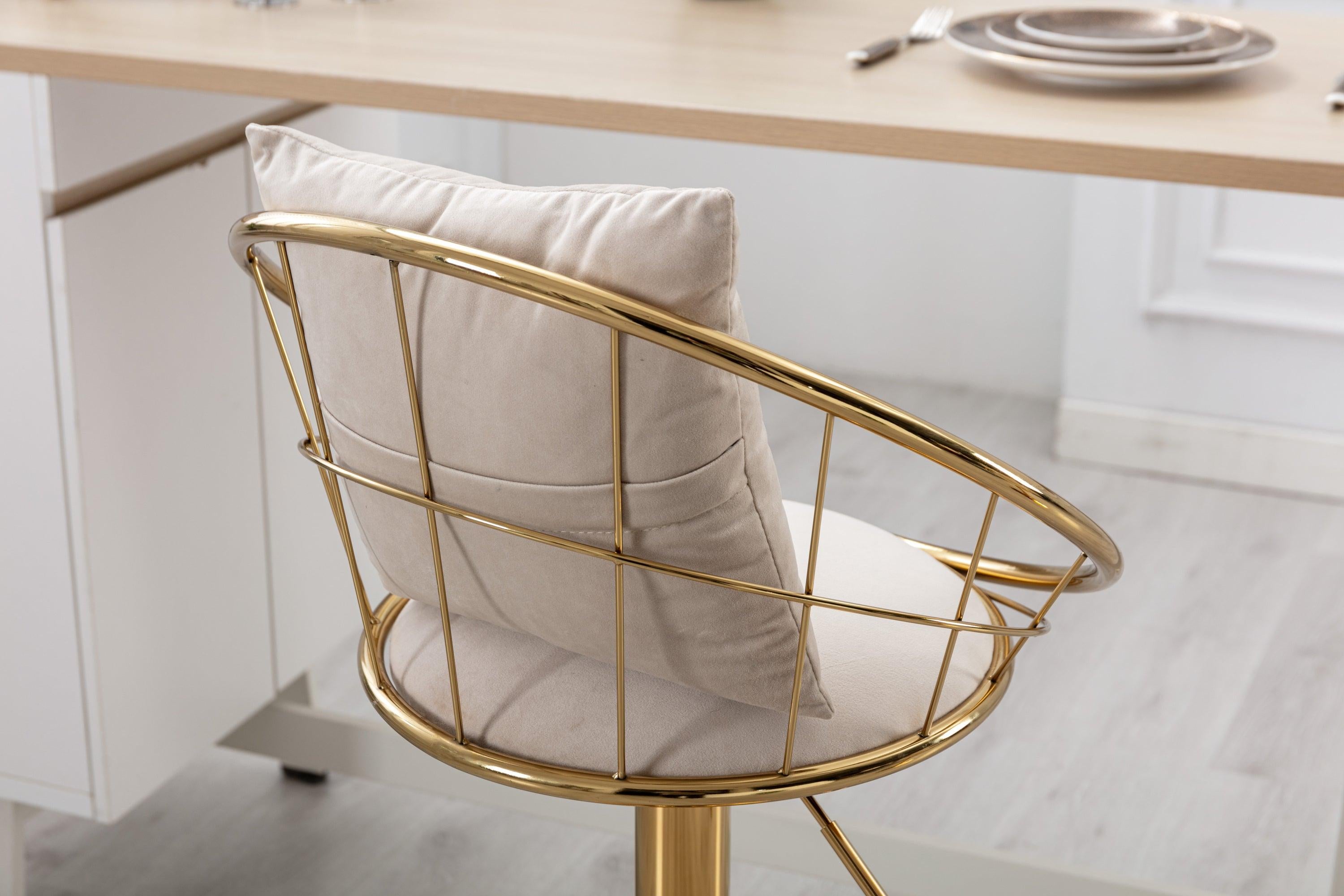 Off-White velvet bar chair, pure gold plated, unique design，360 degree rotation, adjustable height，Suitable for dinning room and bar，set of 2