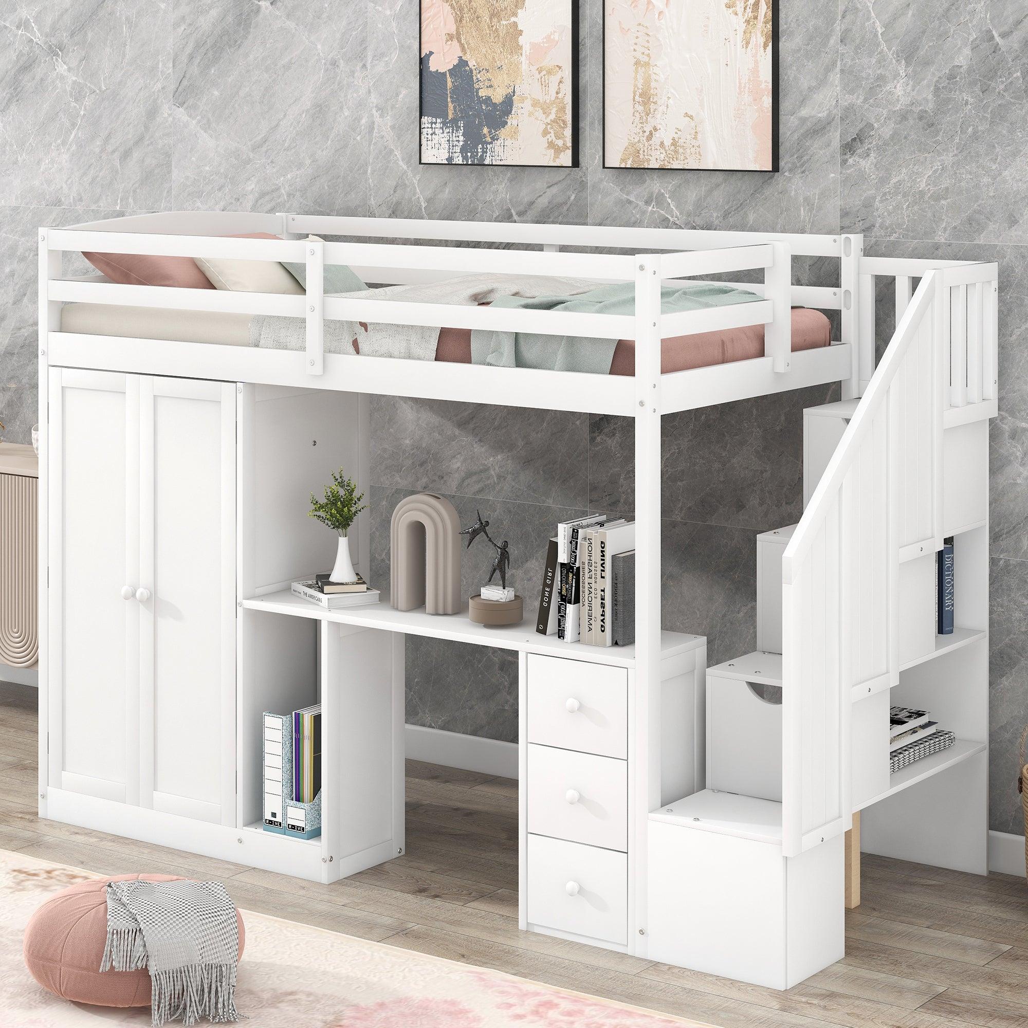 Twin Size Loft Bed with Wardrobe and Staircase, Desk andStorage Drawers and Cabinet in 1, White image