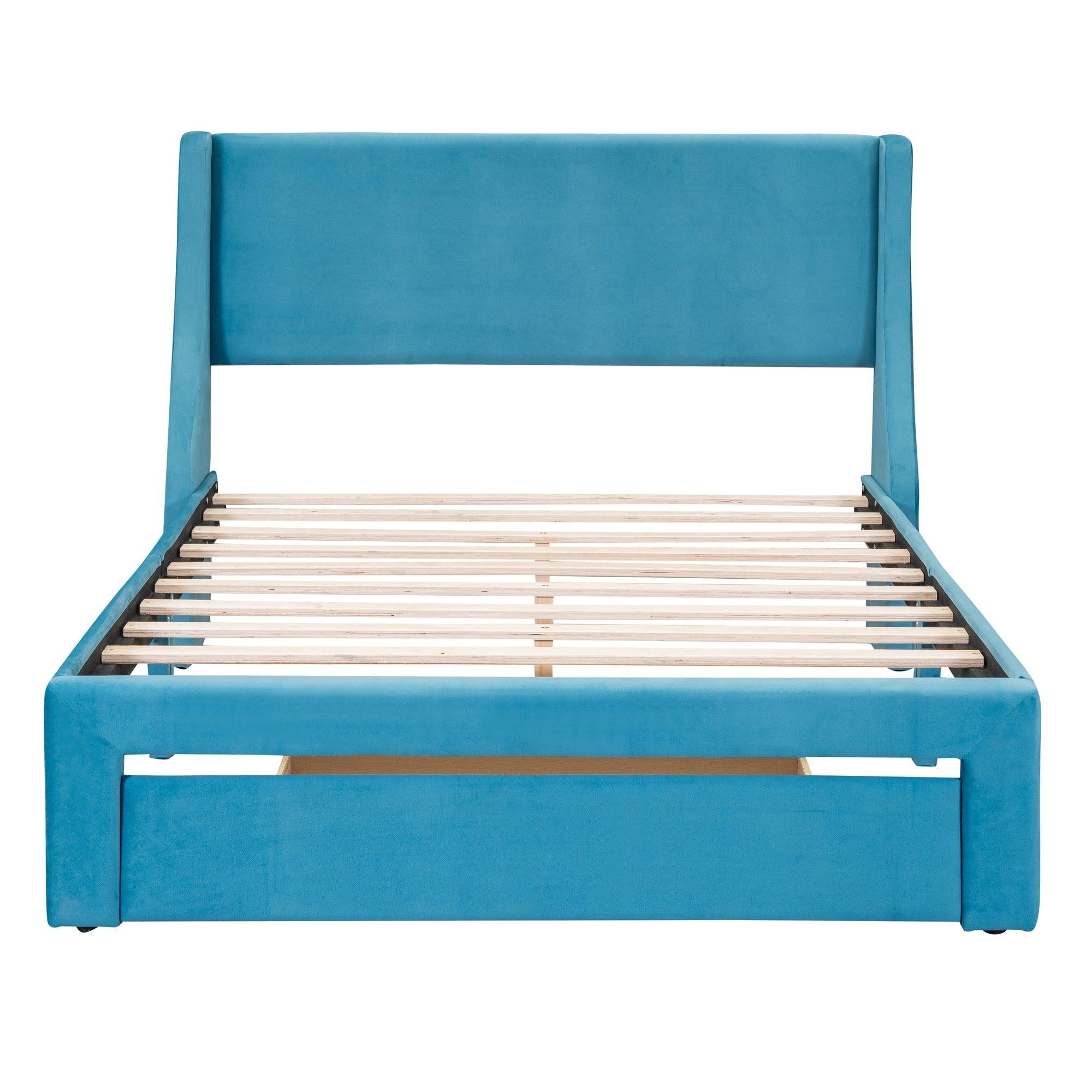 Full SizeStorage Bed Velvet Upholstered Platform Bed with a Big Drawer - Blue