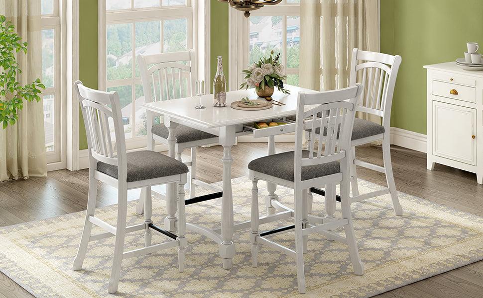 Mid-Century Farmhouse 5-Piece Wood Dining Table Set Counter Height Kitchen Furniture Set withStorage Drawers and 4 Upholstered Chairs, White