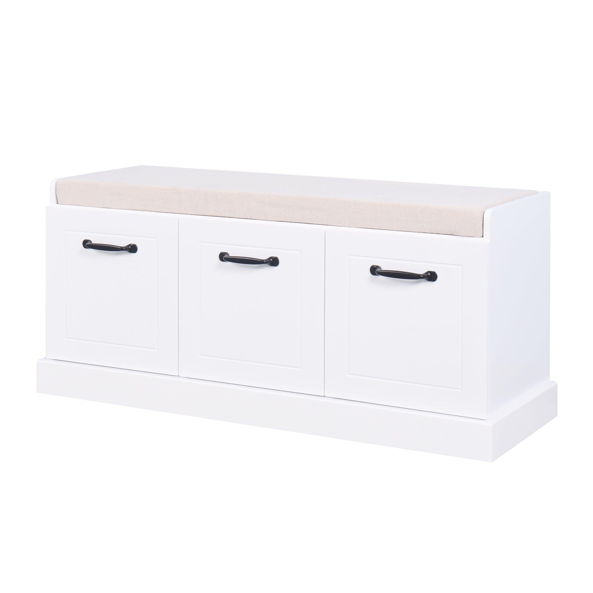 Wooden EntrywayShoe Cabinet Living RoomStorage Bench with White Cushion image