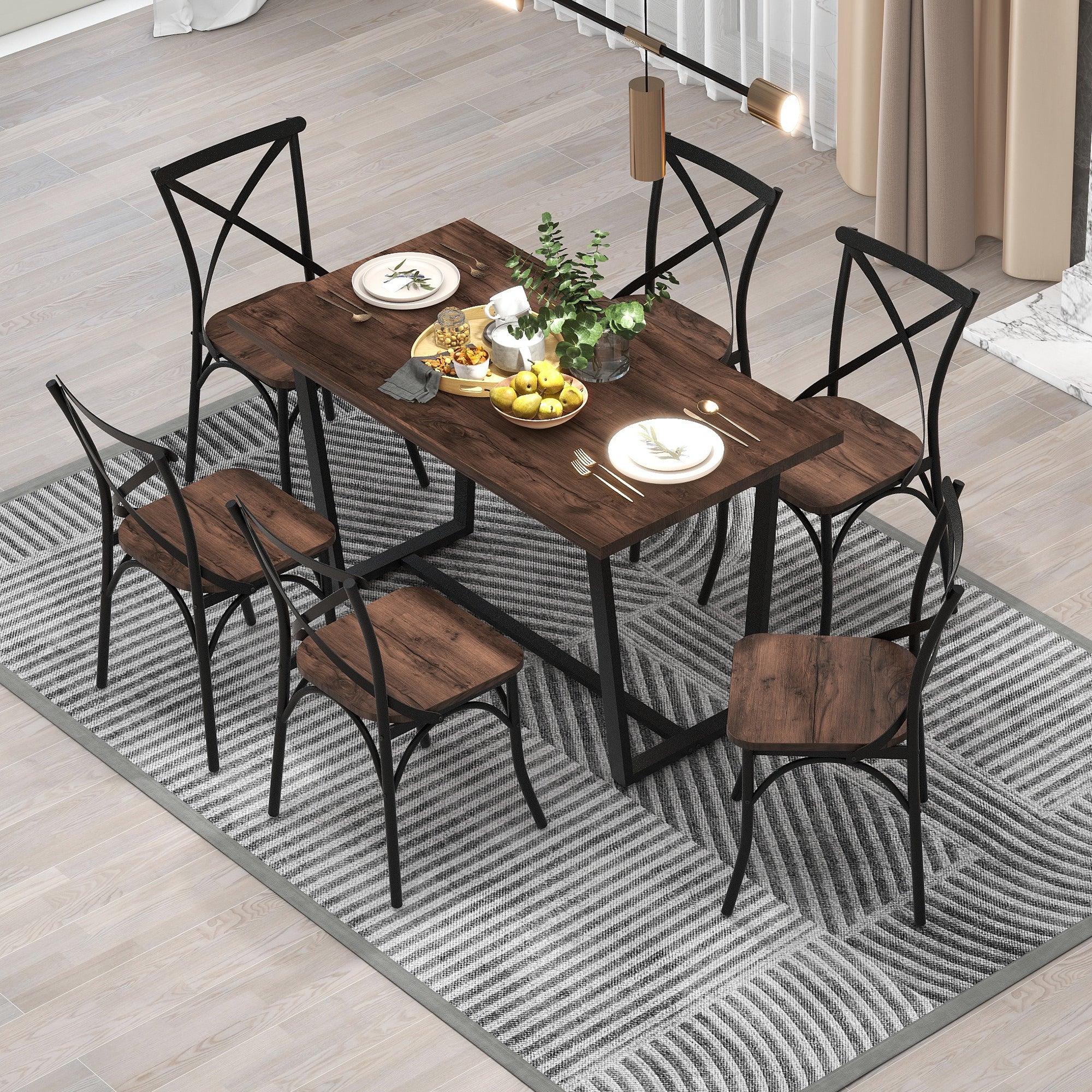 7 Piece Industrial Dining Table Set Rectangular Table with 6 Dining Chairs Kitchen Table Set with Metal Frame (Rustic Brown)