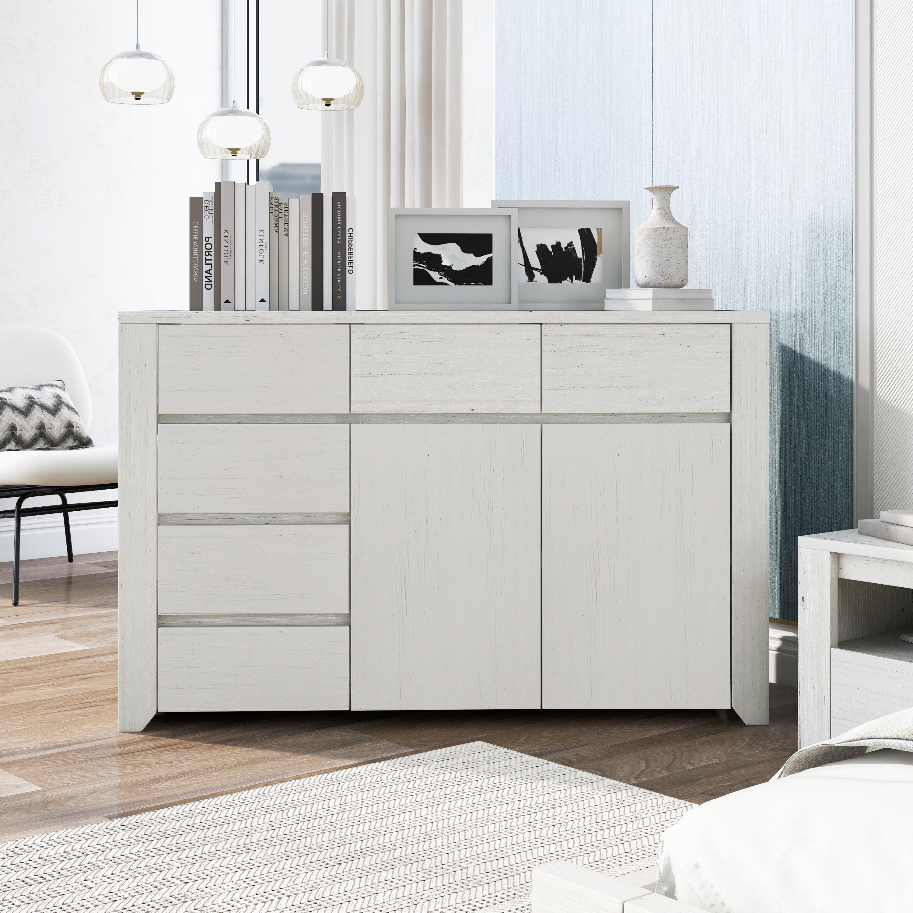 Simple Style Manufacture Wood Dresser with Wood Grain Sticker Surfaces Six Drawers and Two Level Cabinet LargeStorage Space for Living Room Bedroom Guest Room Children’s Room, Stone Gray