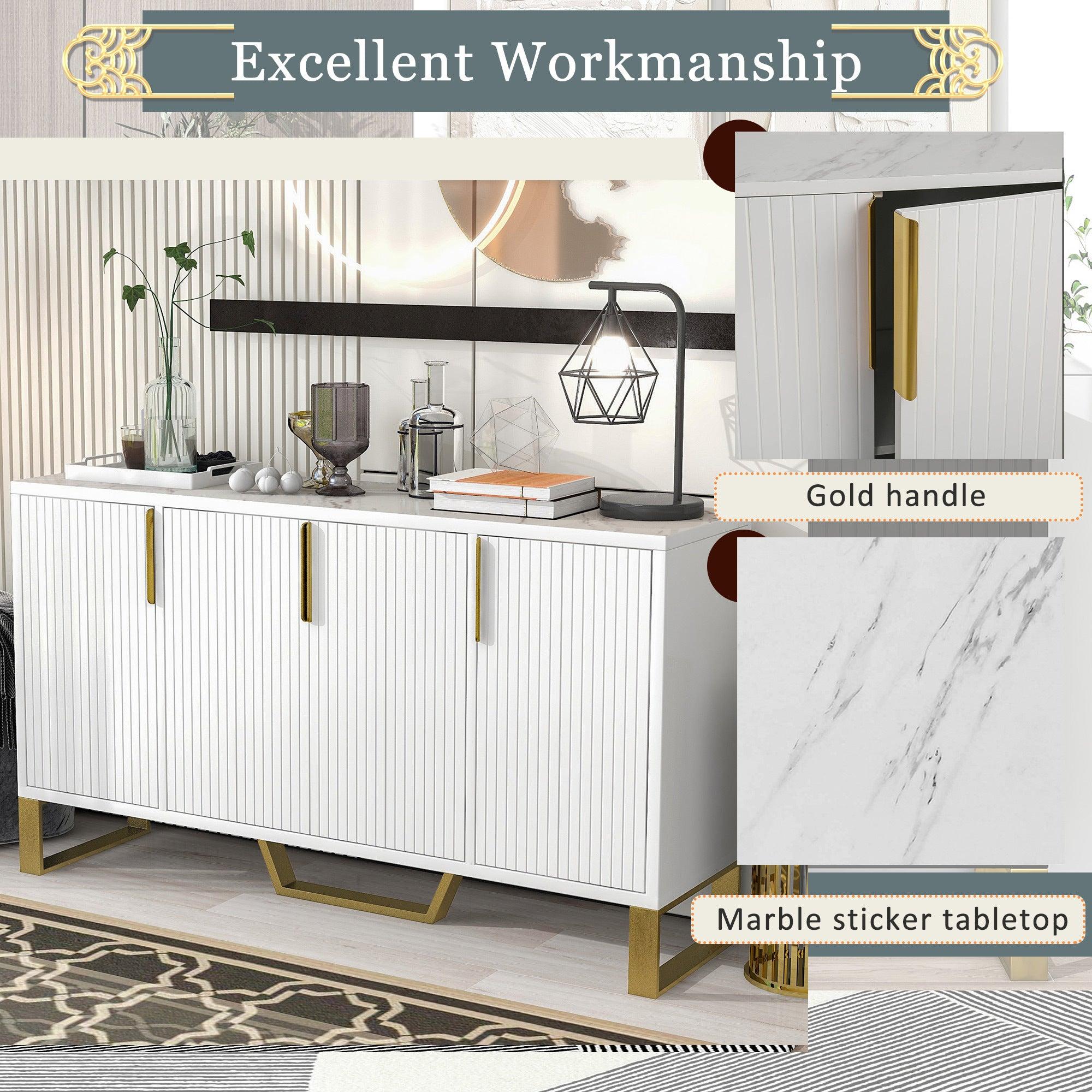 Modern sideboard with Four Doors, Metal handles & Legs and Adjustable Shelves Kitchen Cabinet (White)