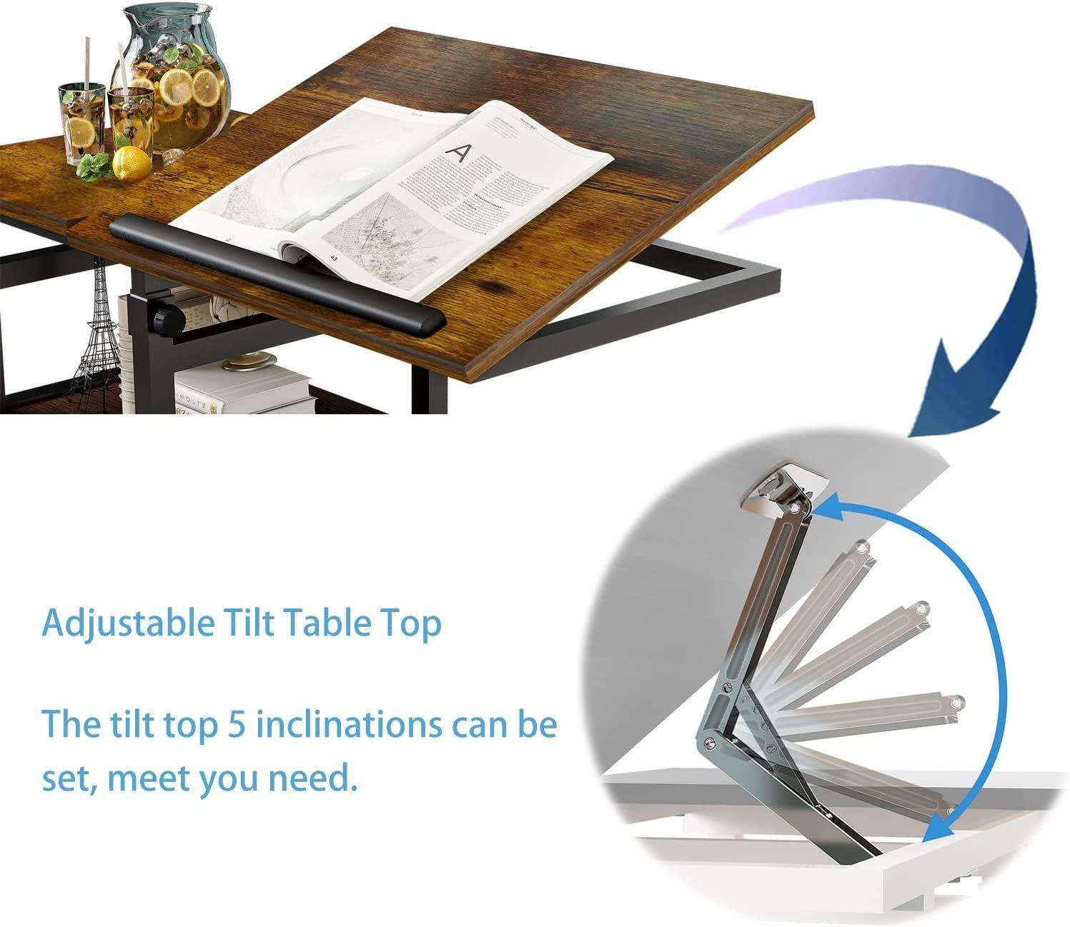 Adjustable C Table with Wheels, Rolling Side Table with Tiltable Board Mobile Couch Snack Table.