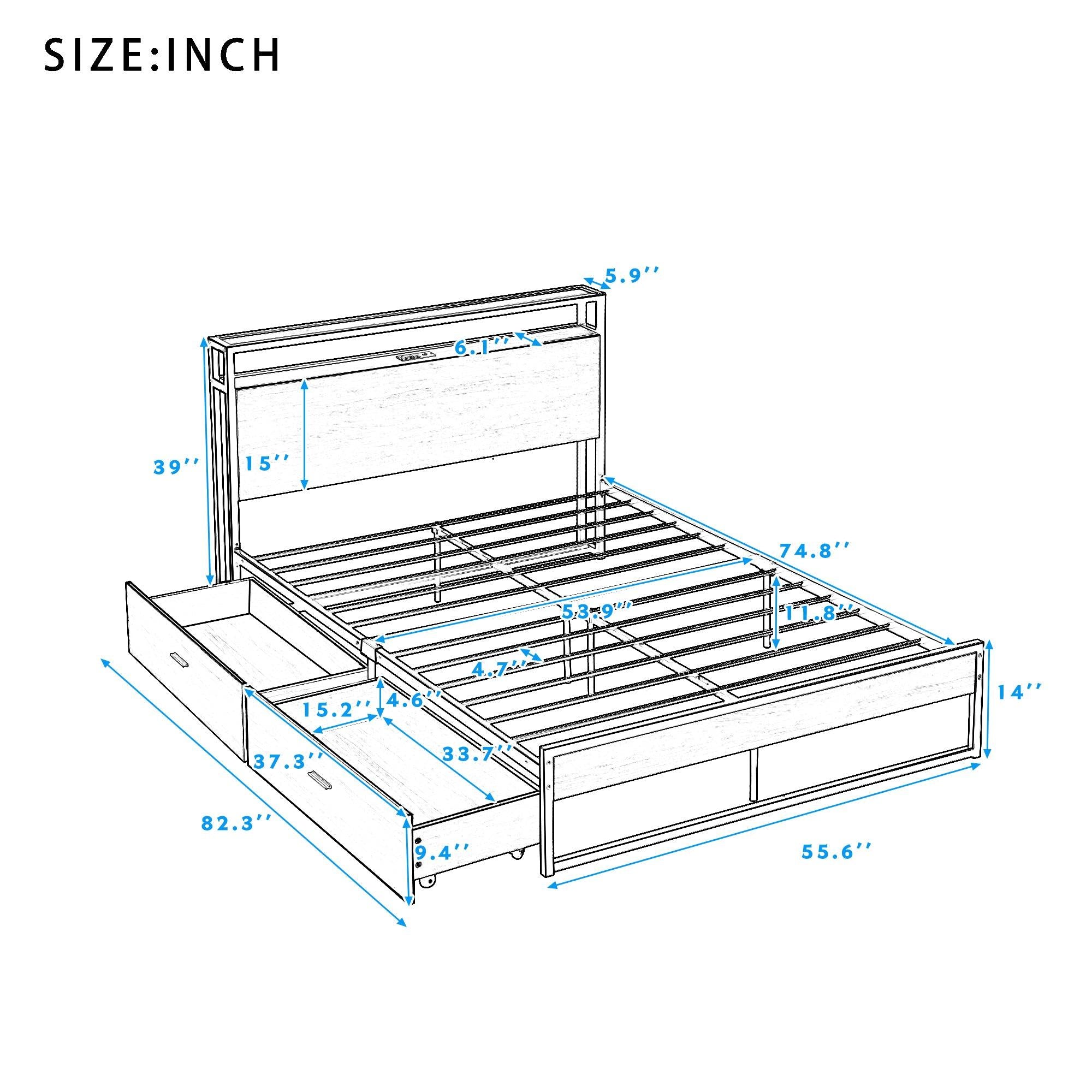 Full Size Metal Platform Bed Frame with  Two Drawers,Sockets and USB Ports ,Slat Support No Box Spring Needed Black