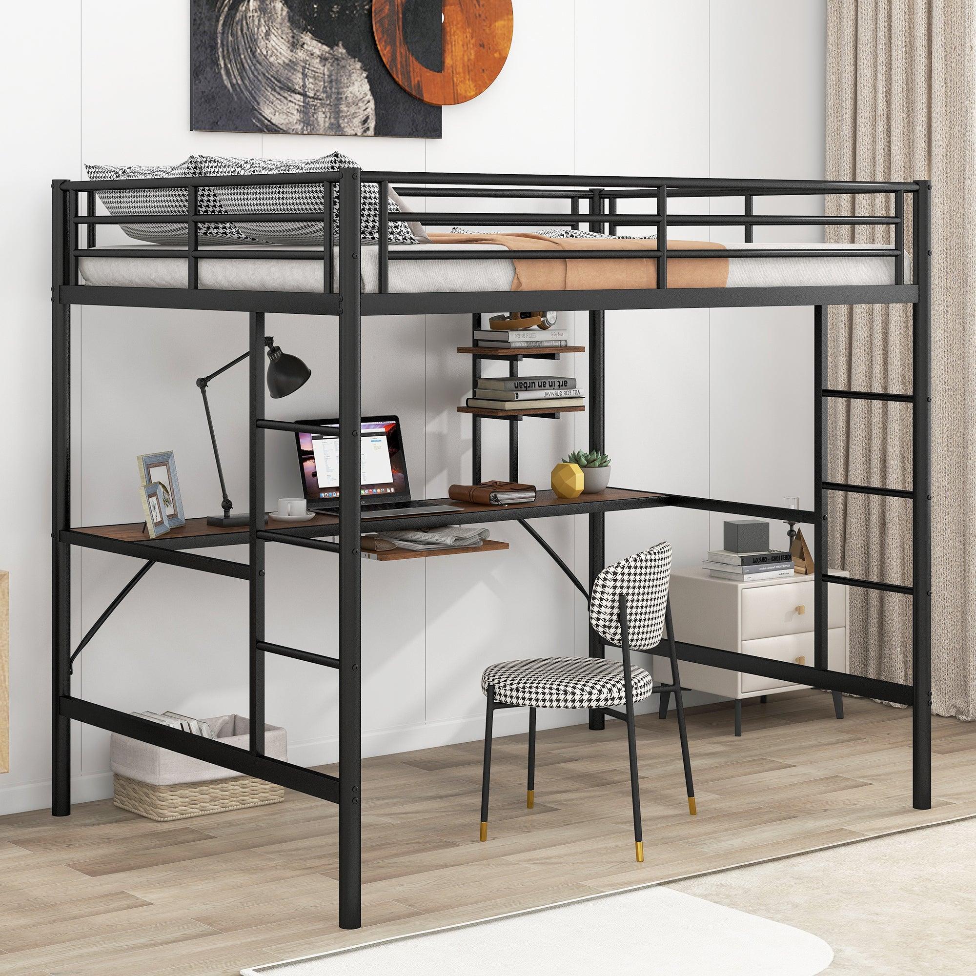 Loft Bed with Desk and Shelf , Space Saving Design,Full,Black