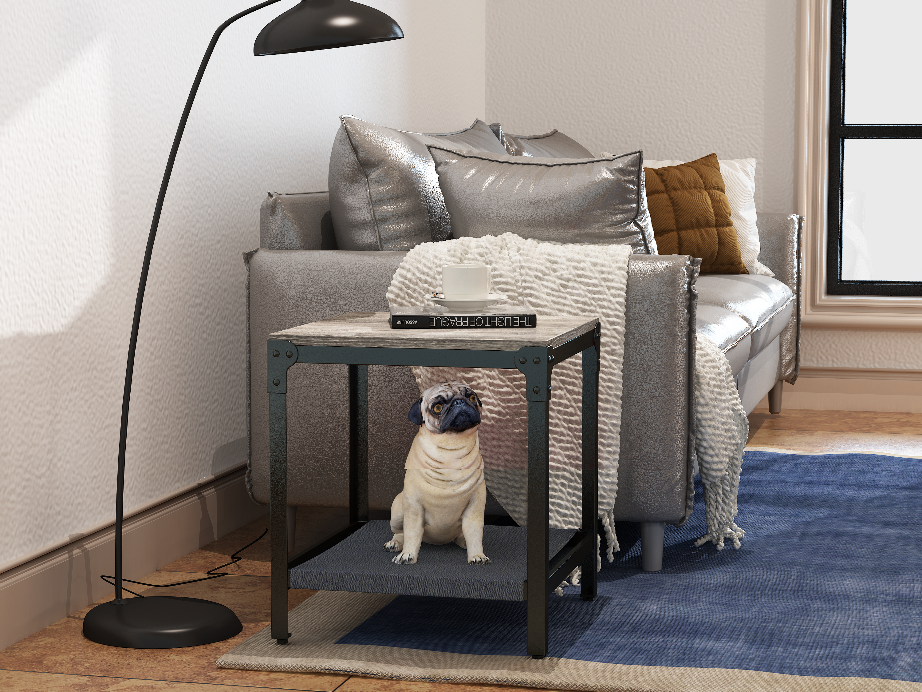 coffee table share with pets（Provide pet mat）, Net cloth environment-friendly wooden tabletop coffee table,multi-function easy assembly minimalist creative metal tea table,cat and dog kennel/appliance