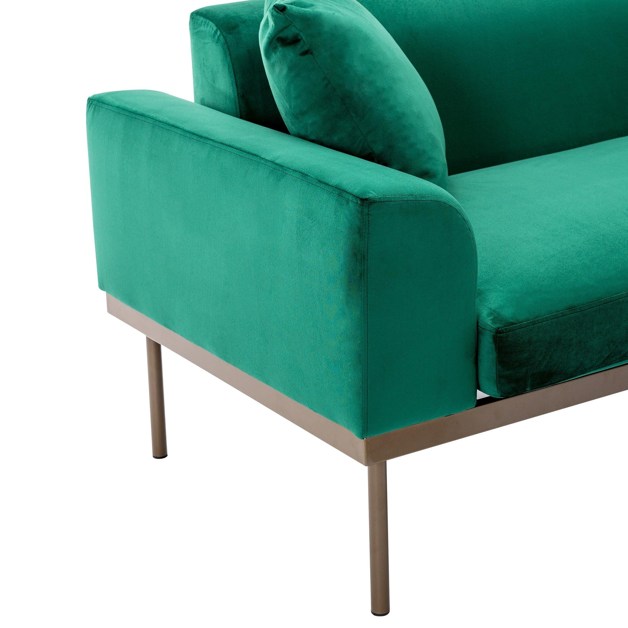 Modern Velvet Sofa with Metal Legs,Loveseat Sofa Couch with Two Pillows for Living Room and Bedroom, Green