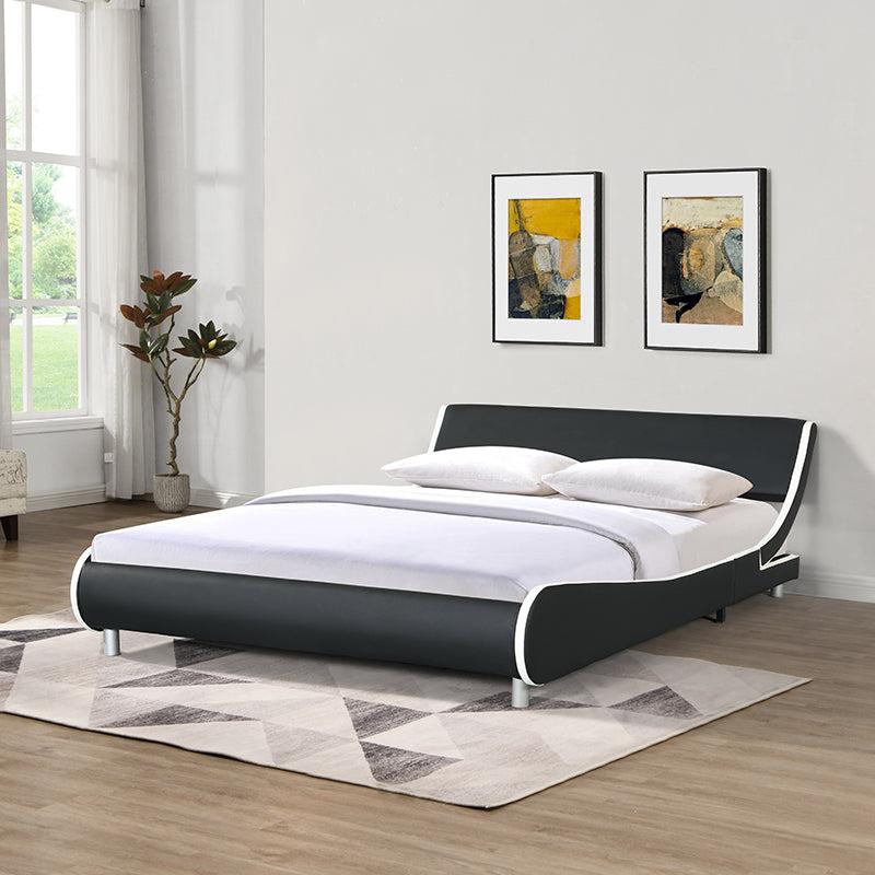 Faux Leather Upholstered Platform Bed Frame, Curve Design, Wood Slat Support, No Box Spring Needed, Easy Assemble, Queen Size, Black and White