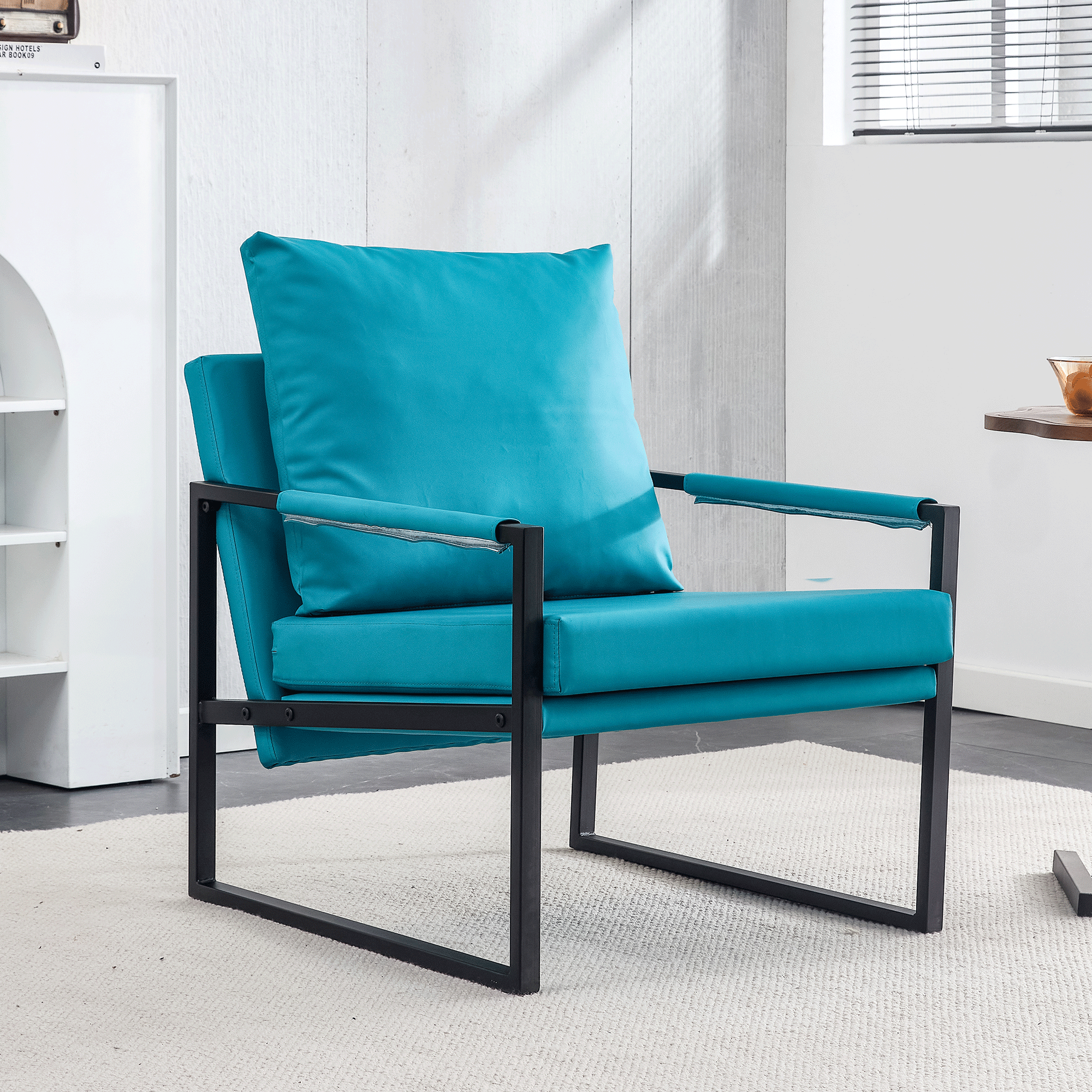 PU Leather Accent Arm Chair Mid CenturyModern Upholstered Armchair with Metal Frame Extra-Thick Padded Backrest and Seat Cushion Sofa Chairs for Living Room ( Cyan PU Leather + Metal + Foam ) image