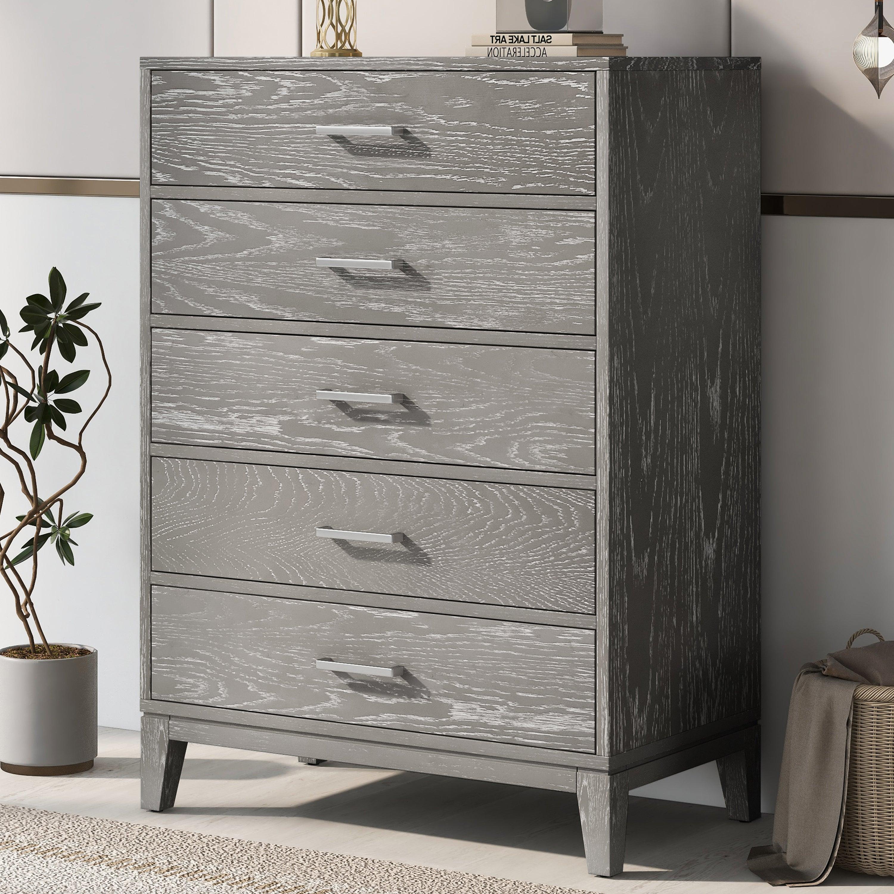 Modern Concise Style Solid wood Grey grain Five-Drawer Chest with Tapered Legs and Smooth Gliding Drawers