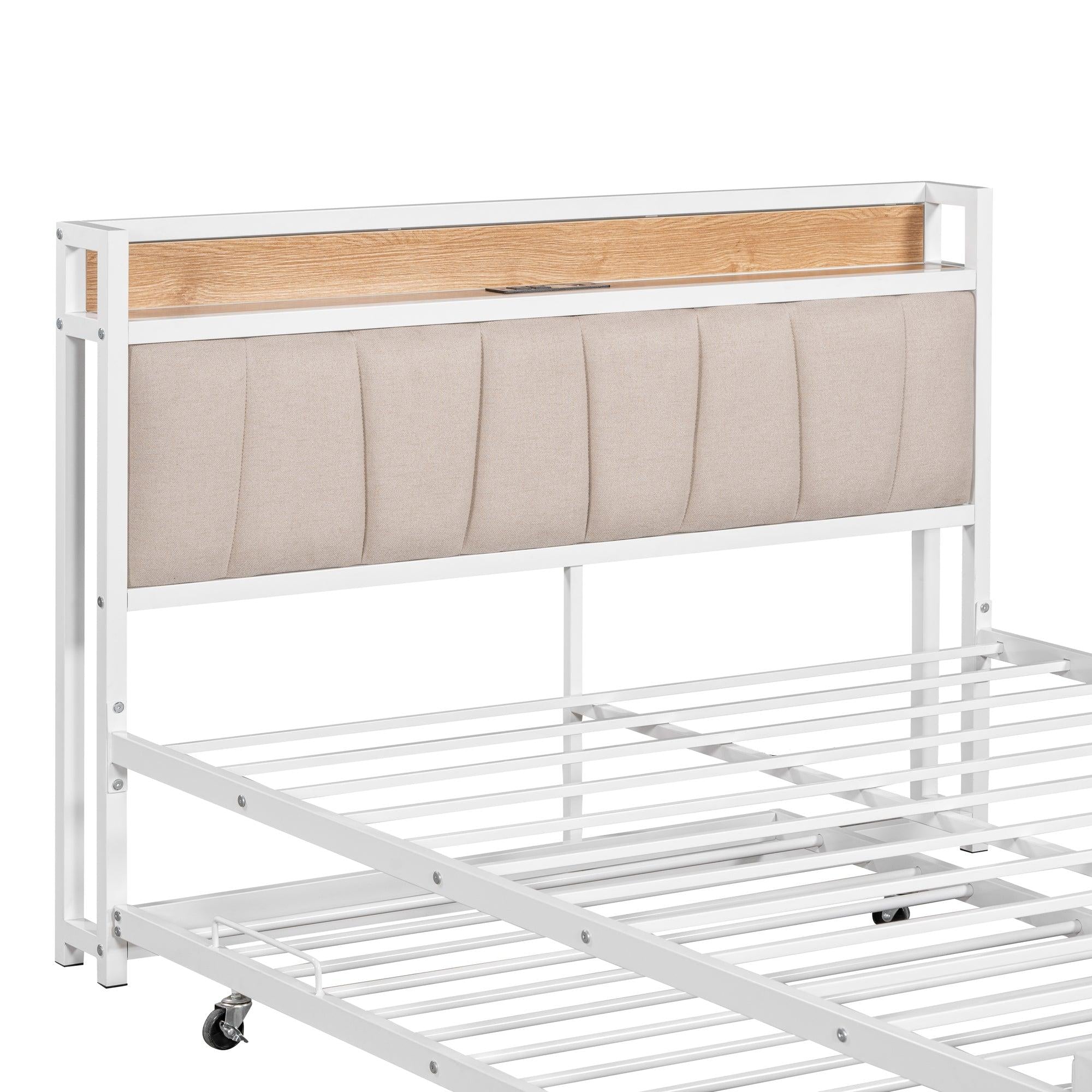 Full Size Metal Platform Bed Frame with Twin size trundle, Upholstered headboard ，Sockets, USB Ports and Slat Support ,No Box Spring Needed，White