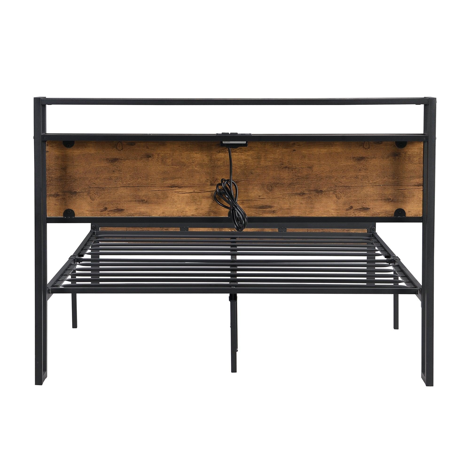 Full Size Metal Platform Bed Frame with Wooden Headboard and Footboard with USB LINER, No Box Spring Needed, Large Under BedStorage, Easy Assemble