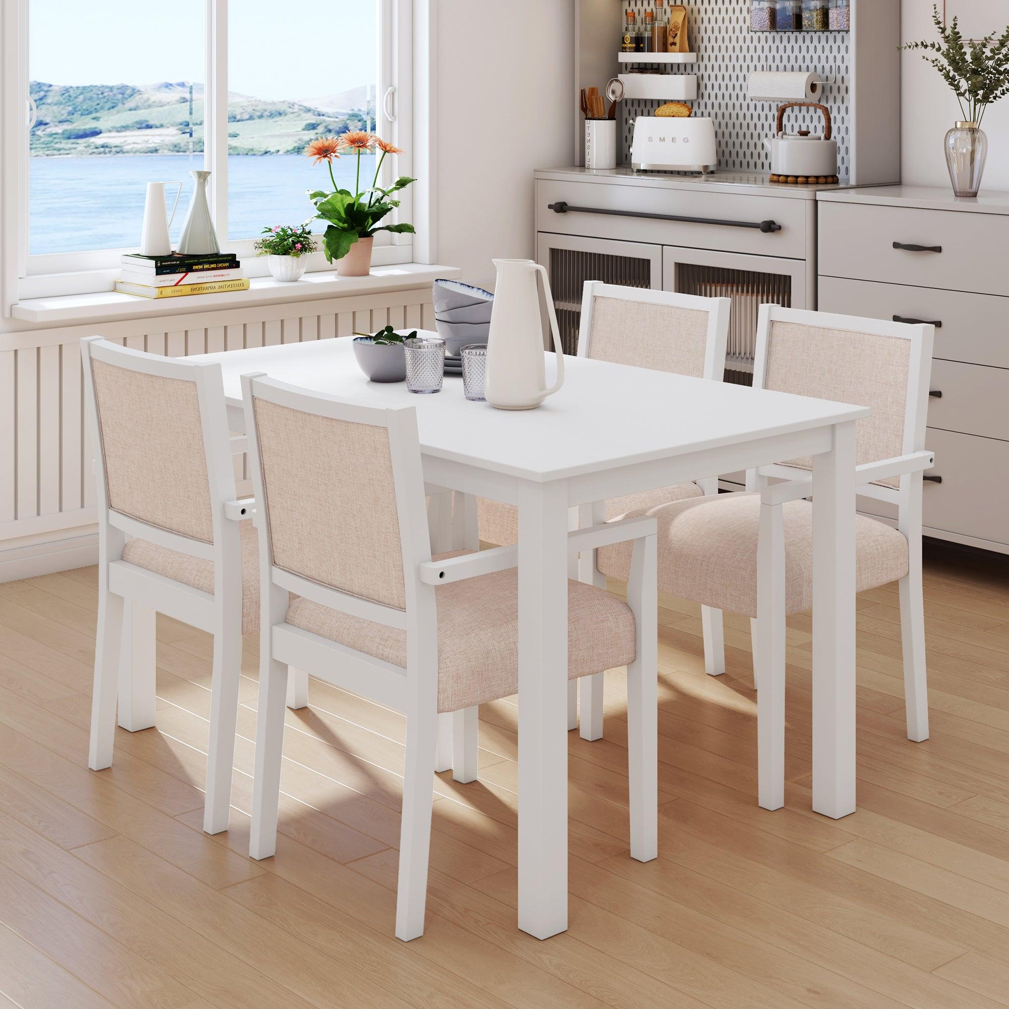 Wood 5-Piece Dining Table Set with 4 Arm Upholstered Dining Chairs,Beige image