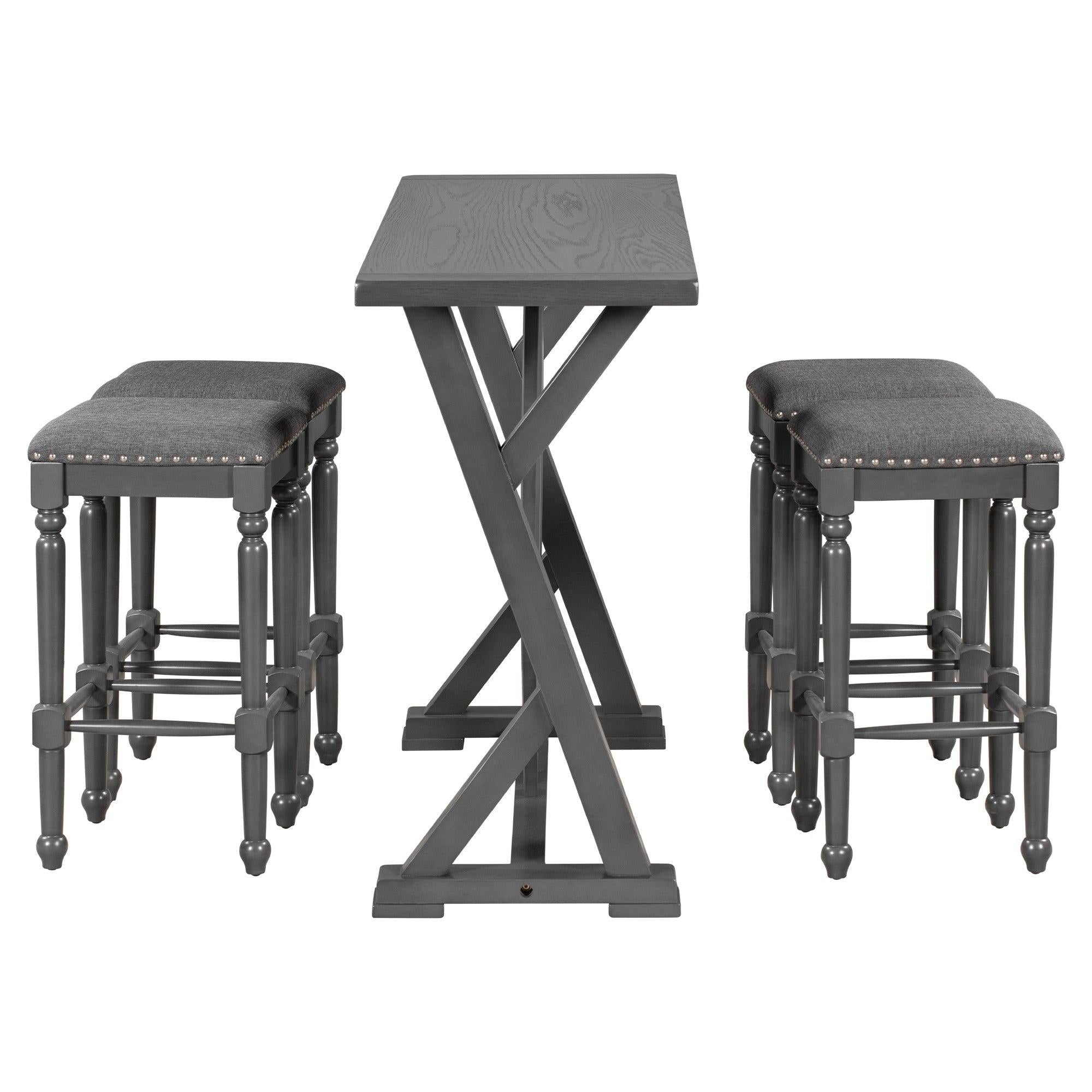 Mid-century Counter Height 5-Piece Dining Set, Wood Console Table with Trestle Legs and 4 Stools for Small Places, Gray