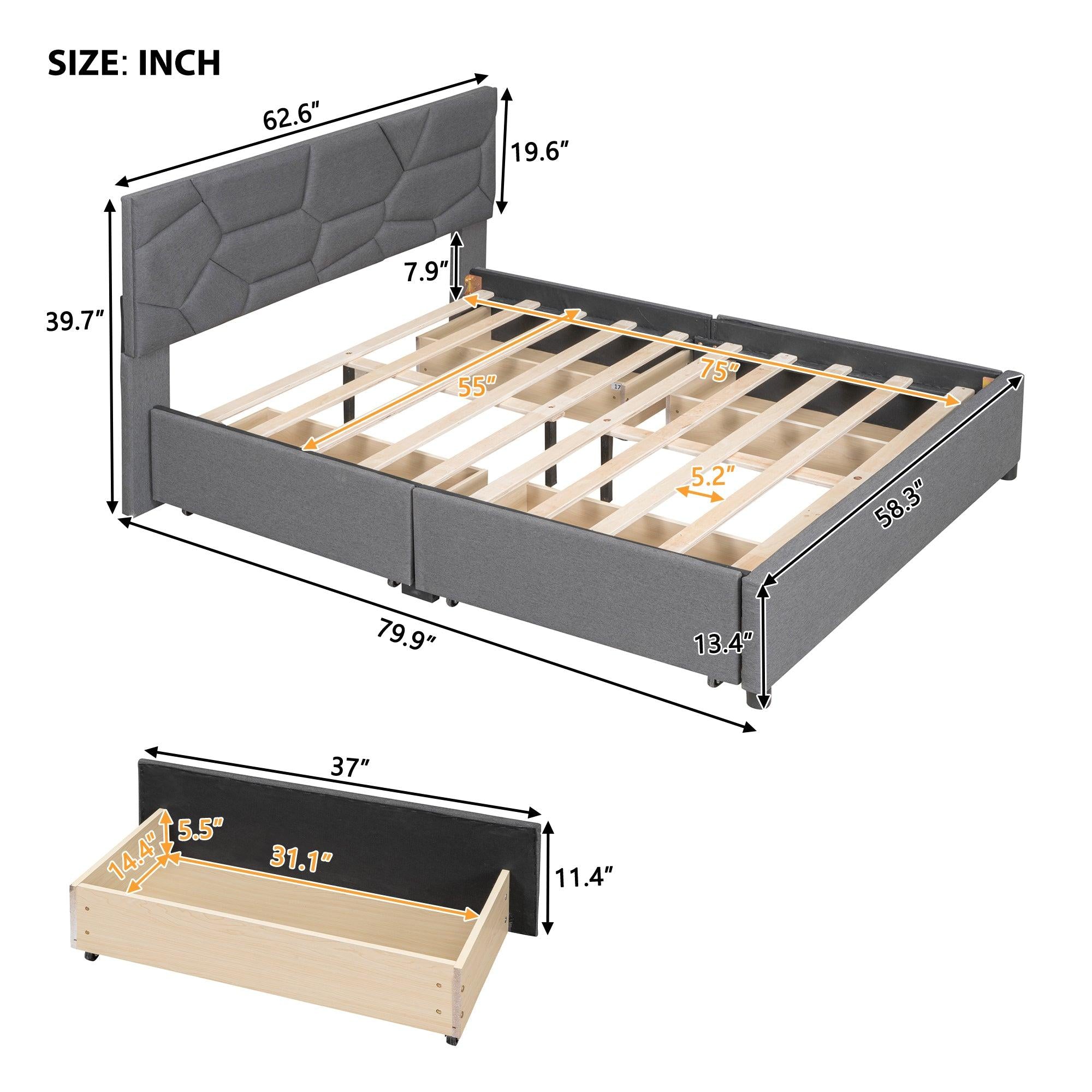 Full Size Upholstered Platform Bed with Brick Pattern Heardboard and 4 Drawers, Linen Fabric, Gray