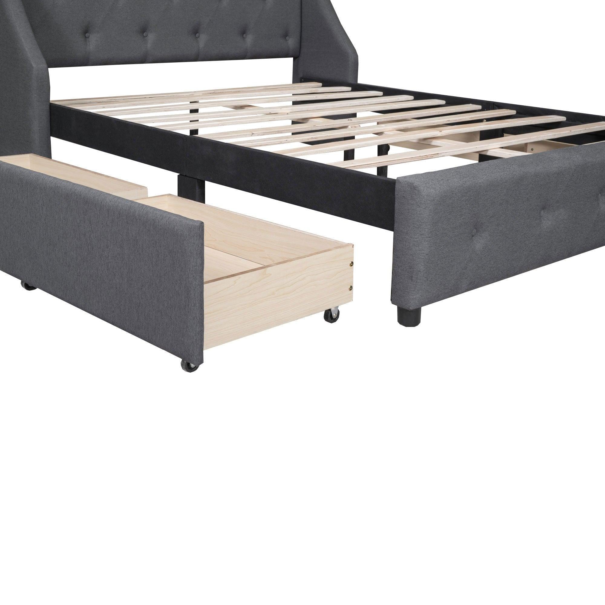 Upholstered Platform Bed with Wingback Tufted Headboard and 4 Drawers, No Box Spring Needed, Linen Fabric, Queen Size Gray