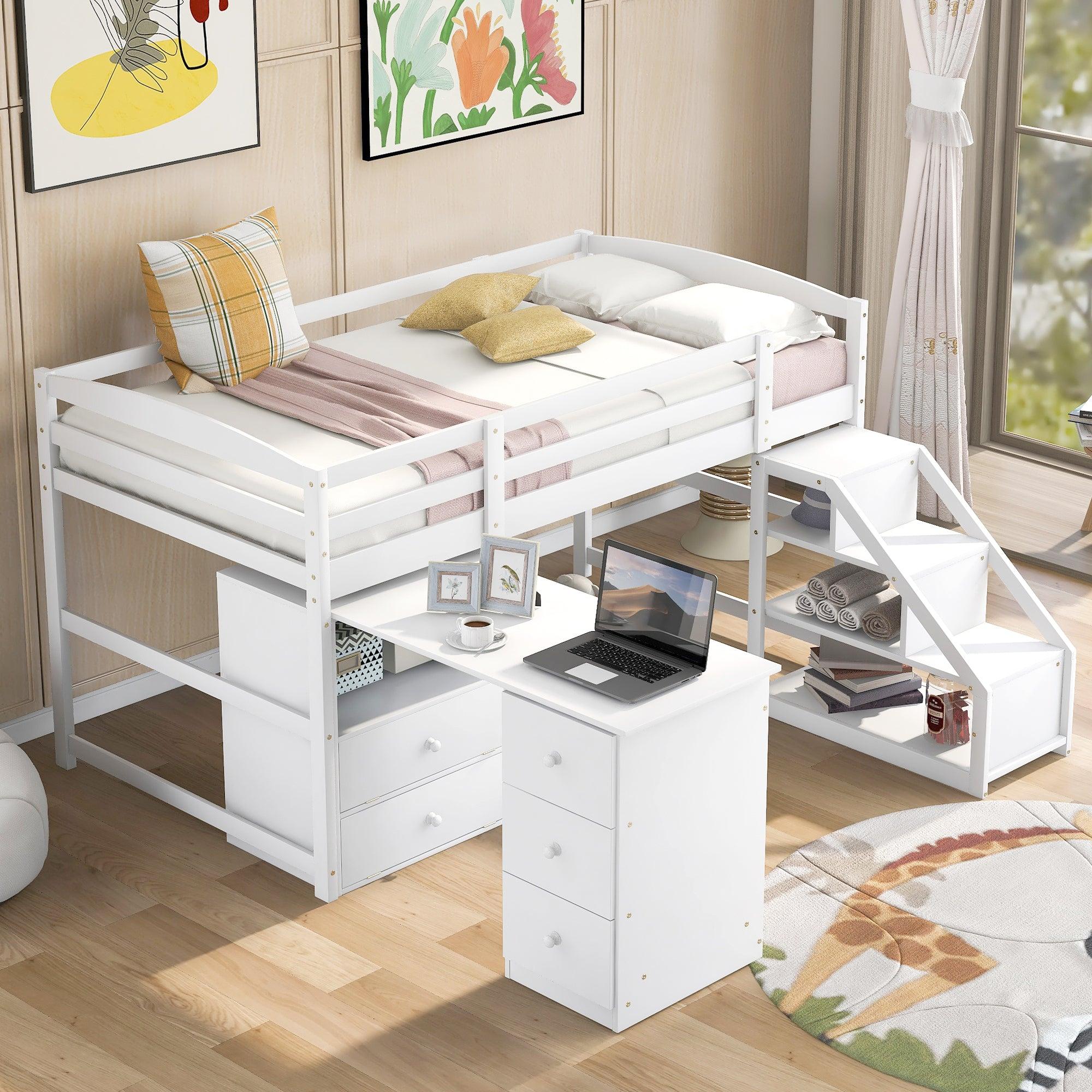 Twin Size Loft Bed with Multifunctional Movable Built-in Desk and and Staircase,White