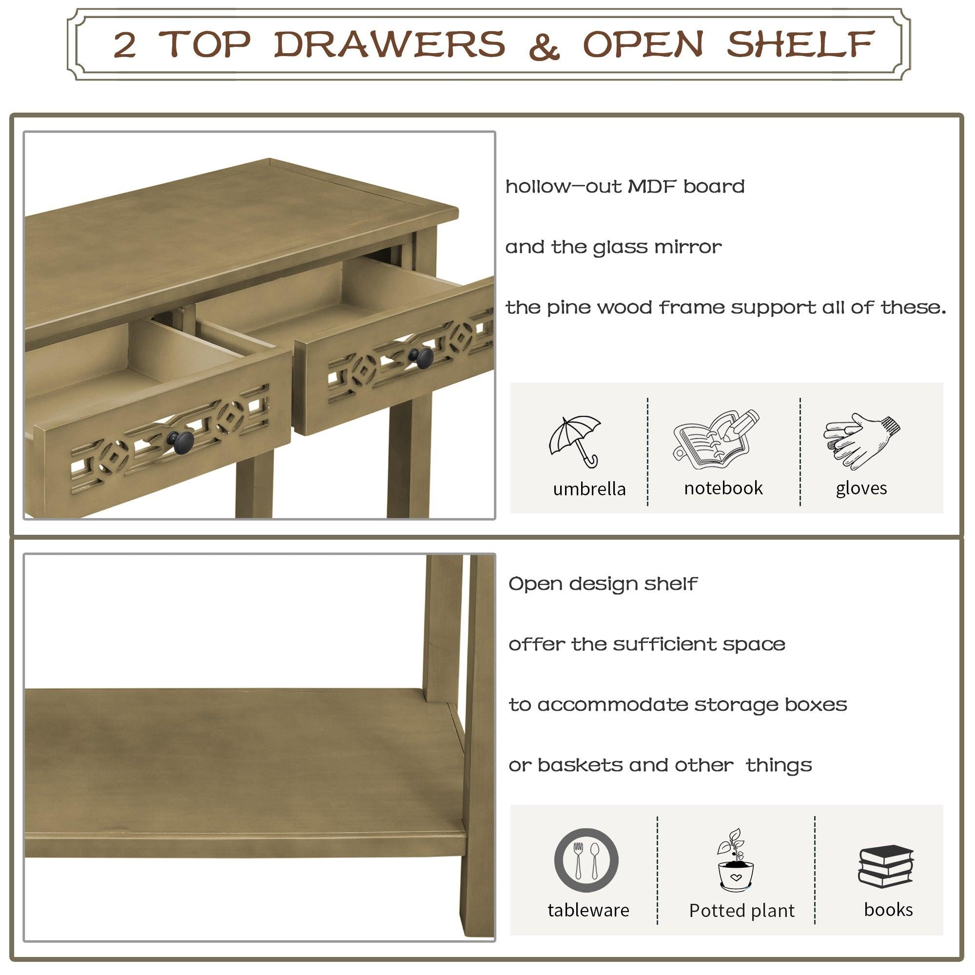 Classic Console Table with Hollow-out Decoration Two Top Drawers and Open Shelf LargeStorage Space (ld)