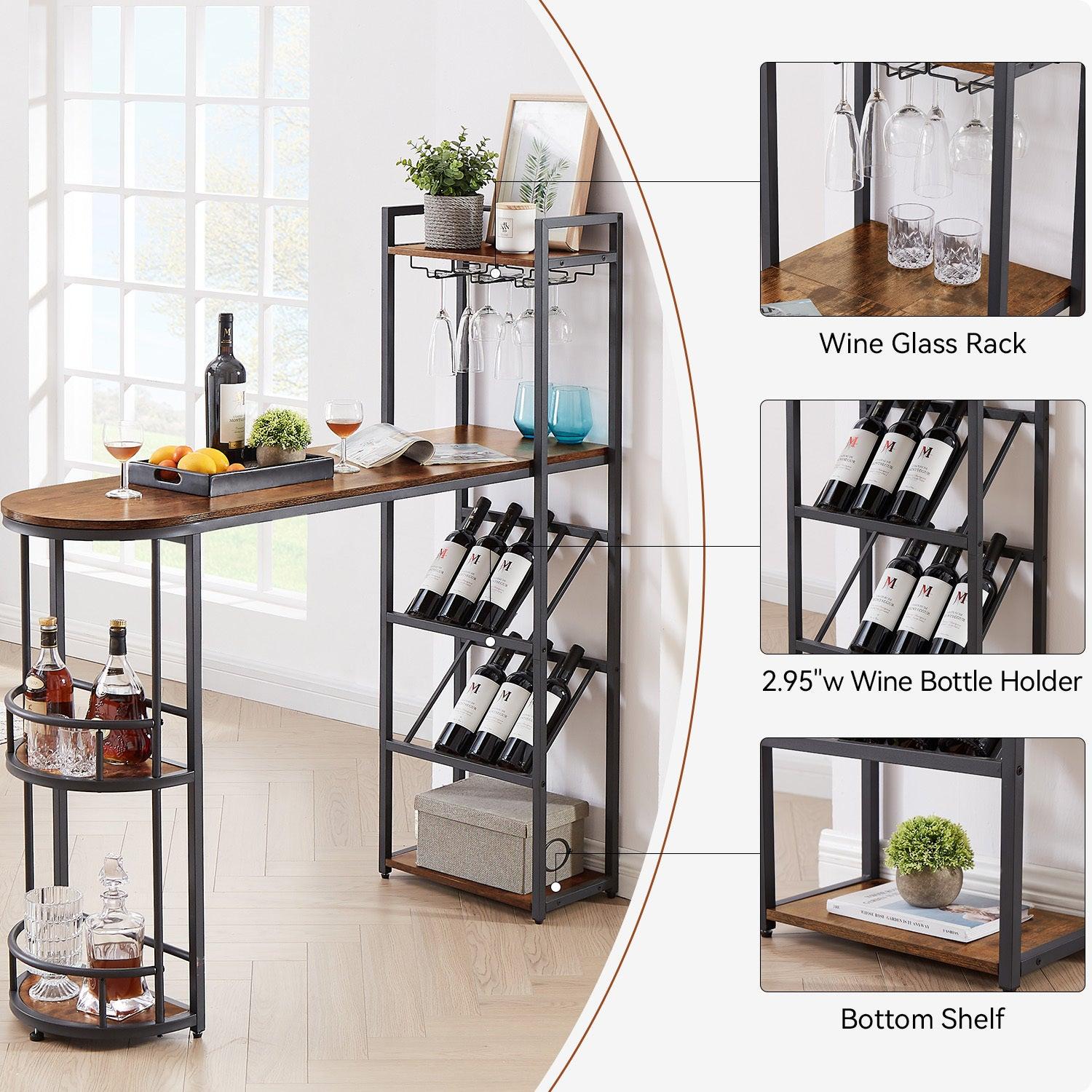 Bar table and stool set with 2 bar stools, with bottle holder, glass holder and side organizer, multifunctional high bar table with space for 8 bottles and 9 glasses.