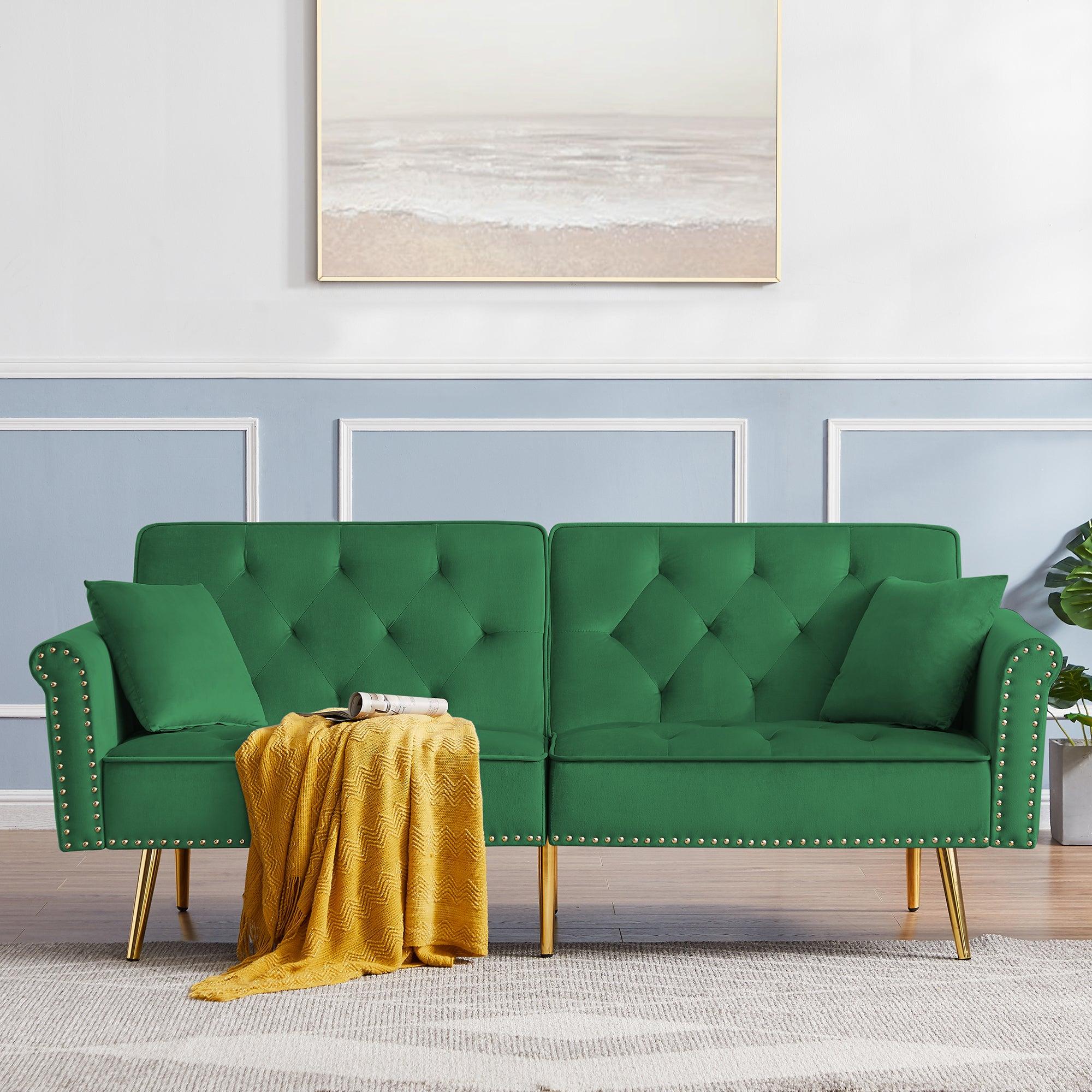 Modern Velvet Tufted Sofa Couch with 2 Pillows and Nailhead Trim, Loveseat Sofa Futon Sofa Bed with Metal Legs  for Living Room. image