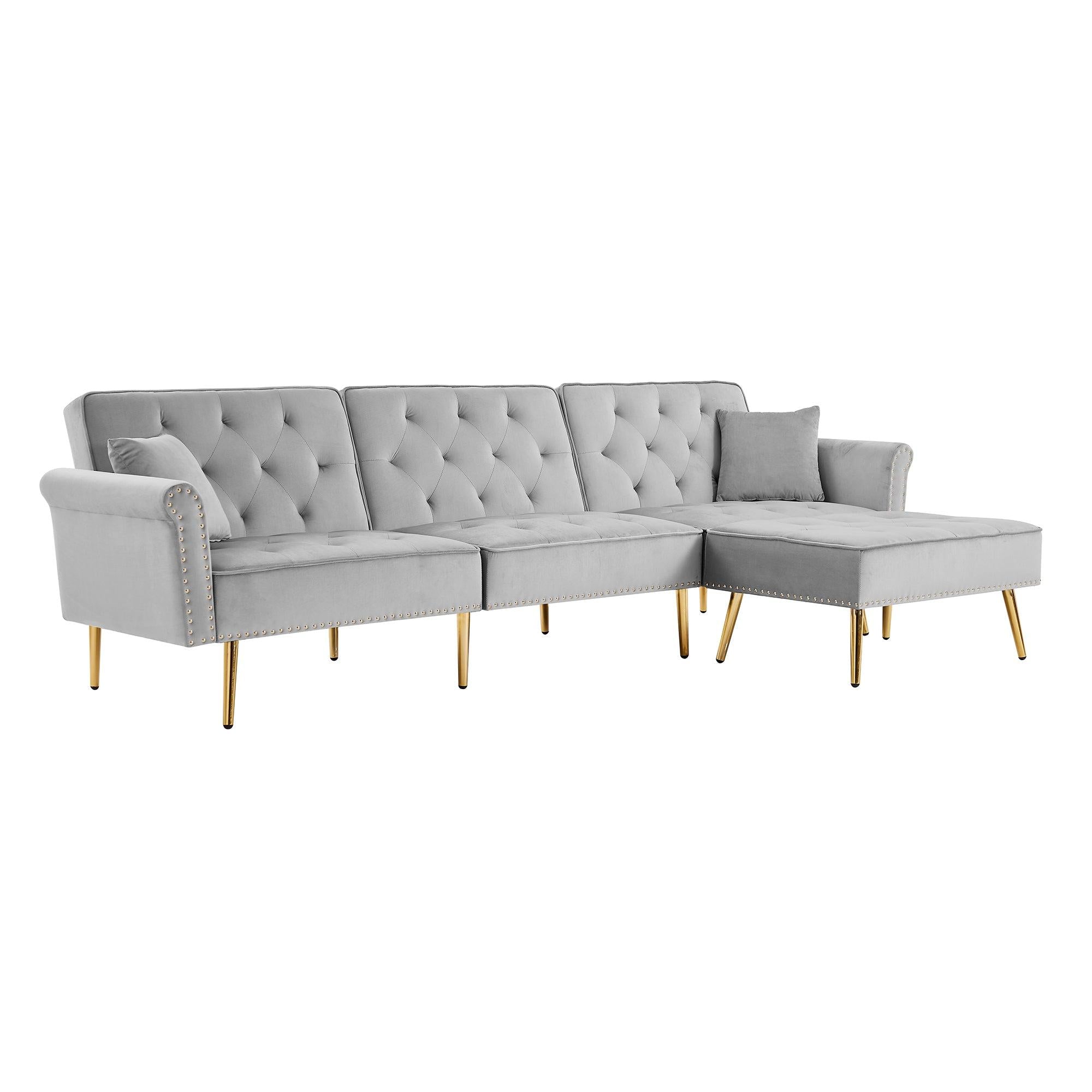 Modern Velvet Upholstered Reversible Sectional Sofa Bed , L-Shaped Couch with Movable Ottoman and Nailhead Trim For Living Room. (Light Grey)