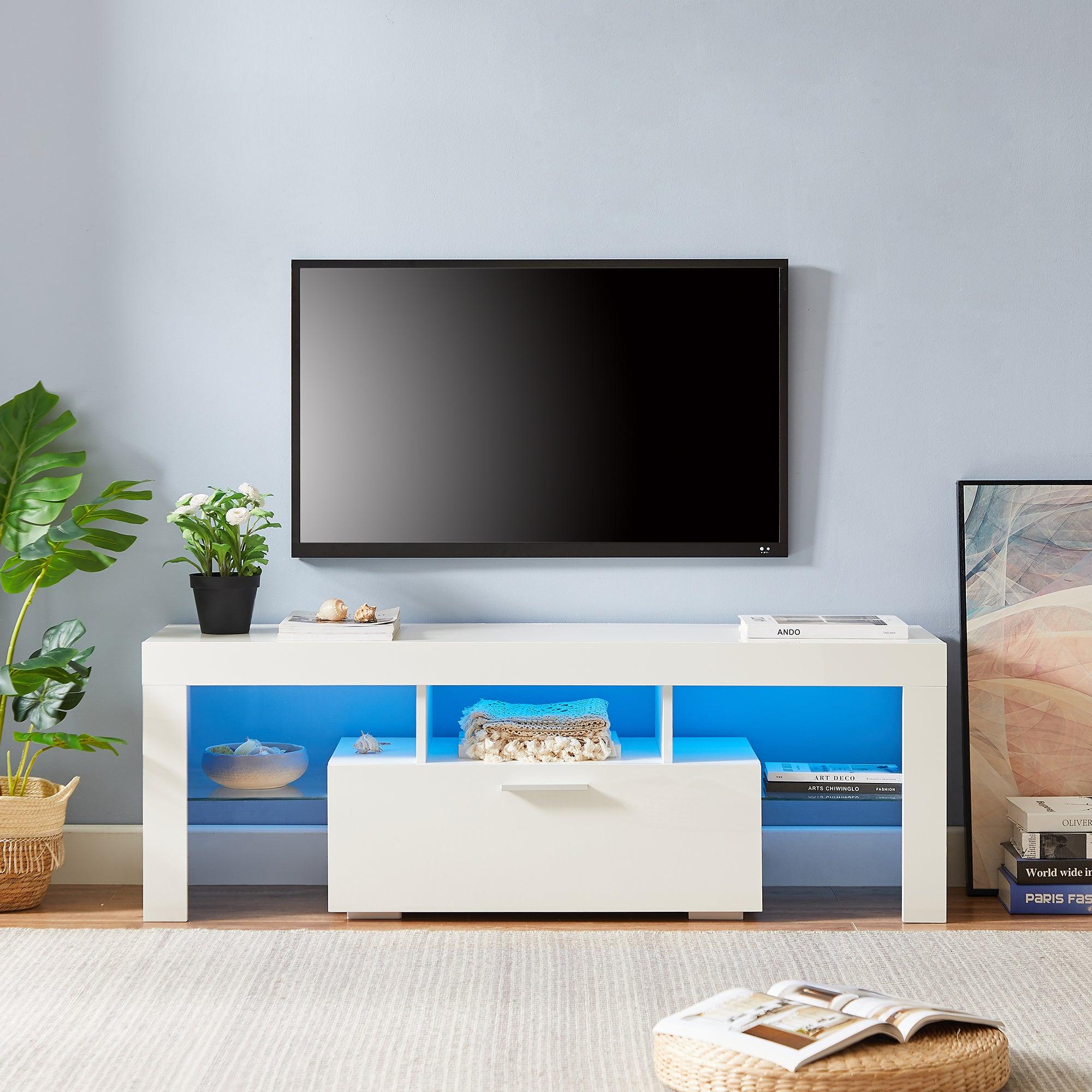 White morden TV Stand with LED Lights,high glossy front TV Cabinet,can be assembled in Lounge Room, Living Room or Bedroom,color:WHITE image