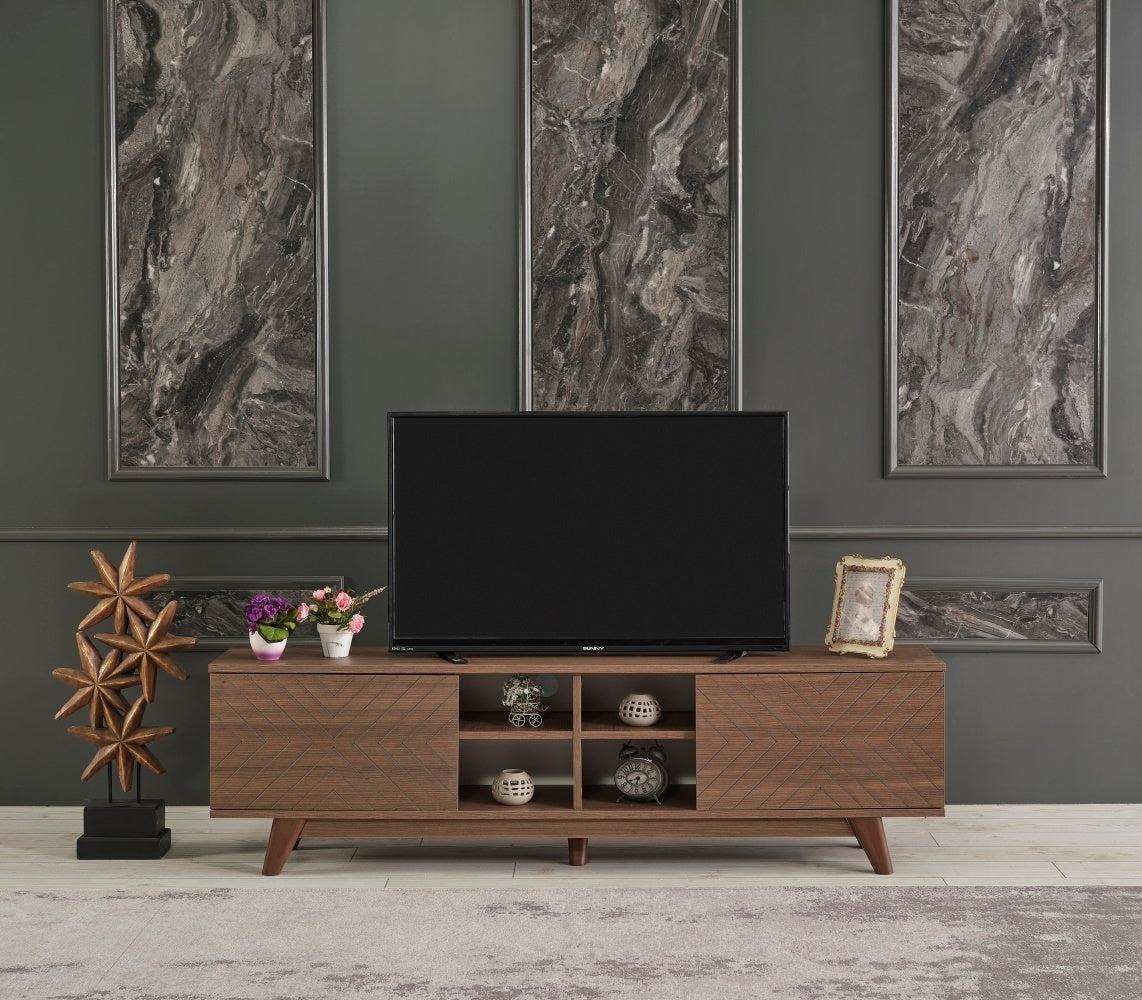 Lina Mid CenturyModern Tv Stand 2 Door Cabinet 4 Cubby Hole Shelves 67 inch Tv Unit, Walnut