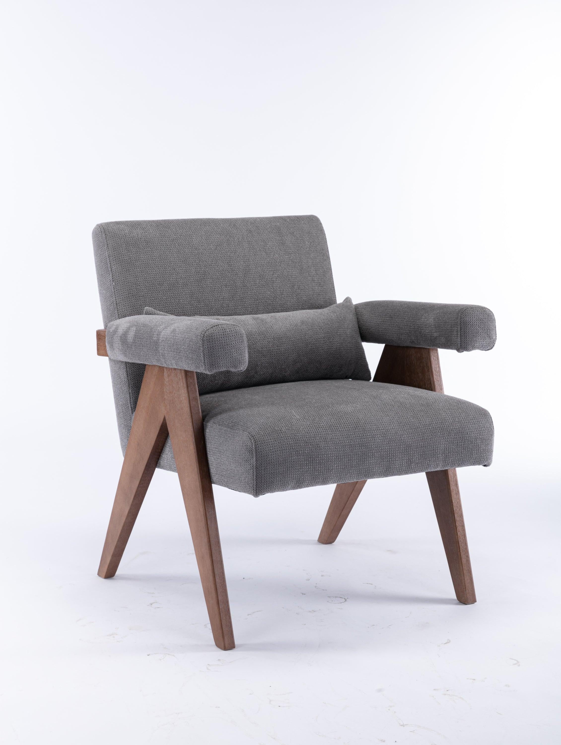 Accent chair, KD rubber wood legs with Walnut finish. Fabric cover the seat. With a cushion.Grey